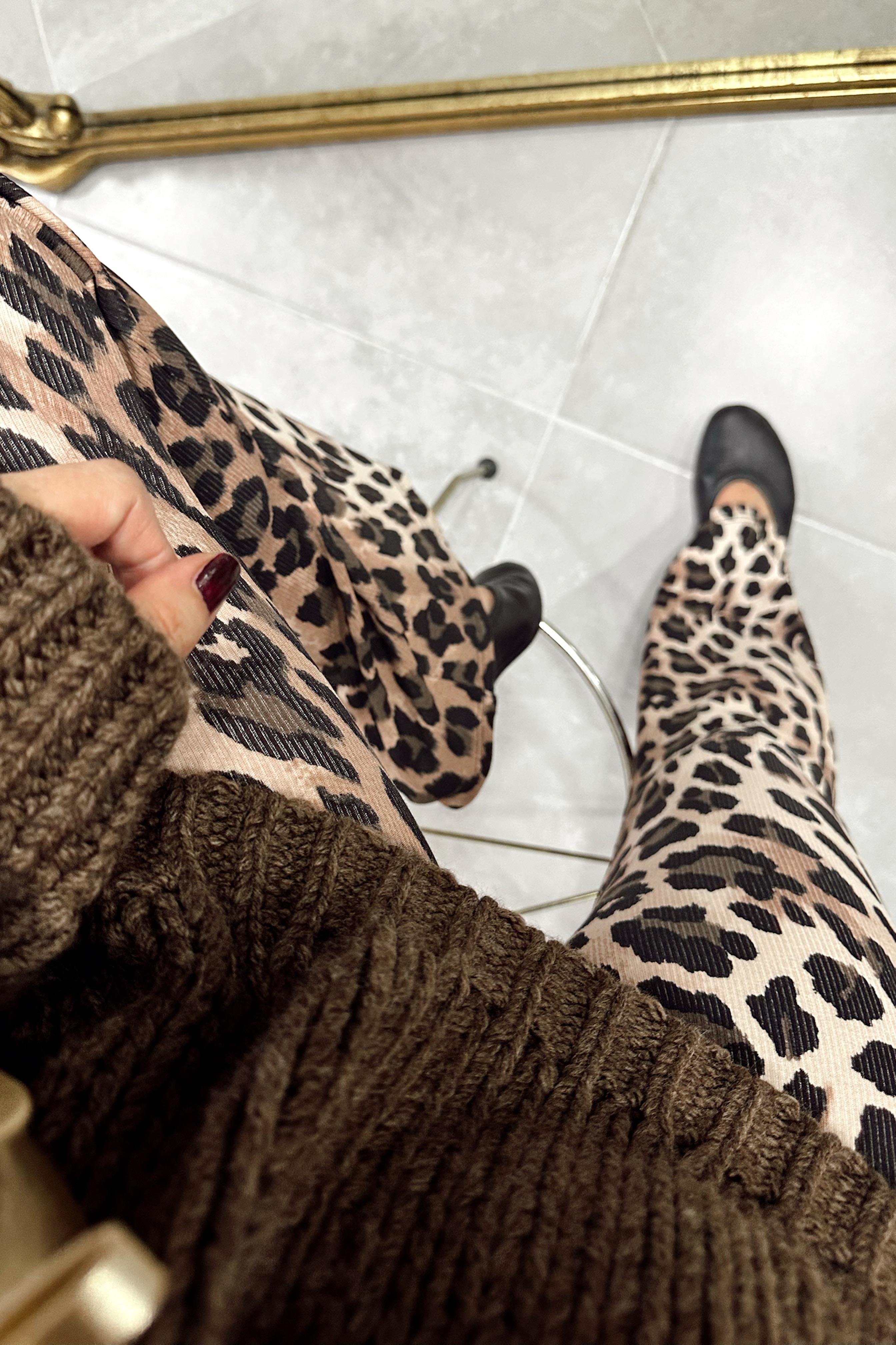 İnce Fitil Detaylı Likralı Leopar İspanyol Pantolon Ekru