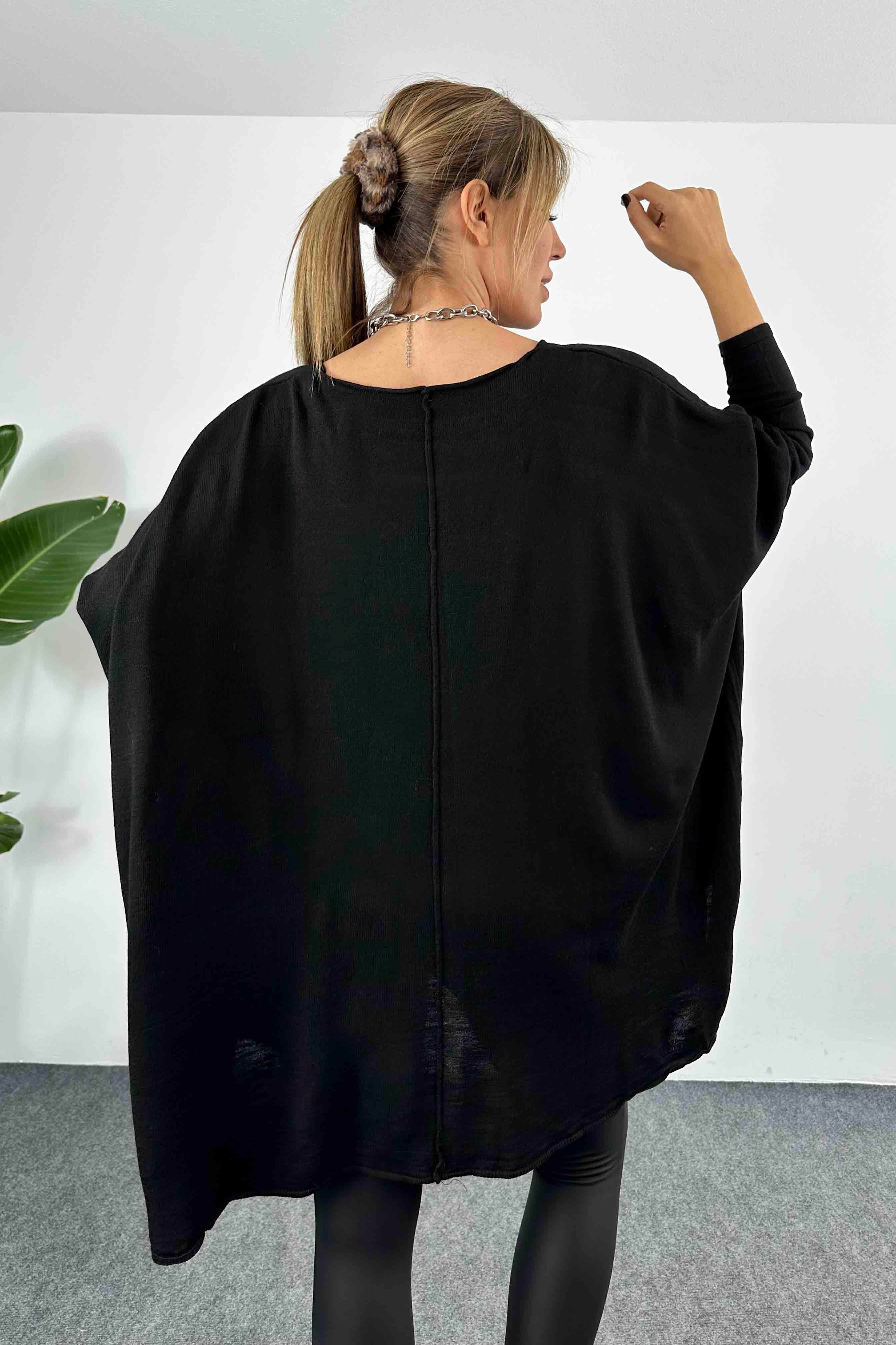 İnce Örme Cep Detaylı Oversize Triko Bluz Siyah