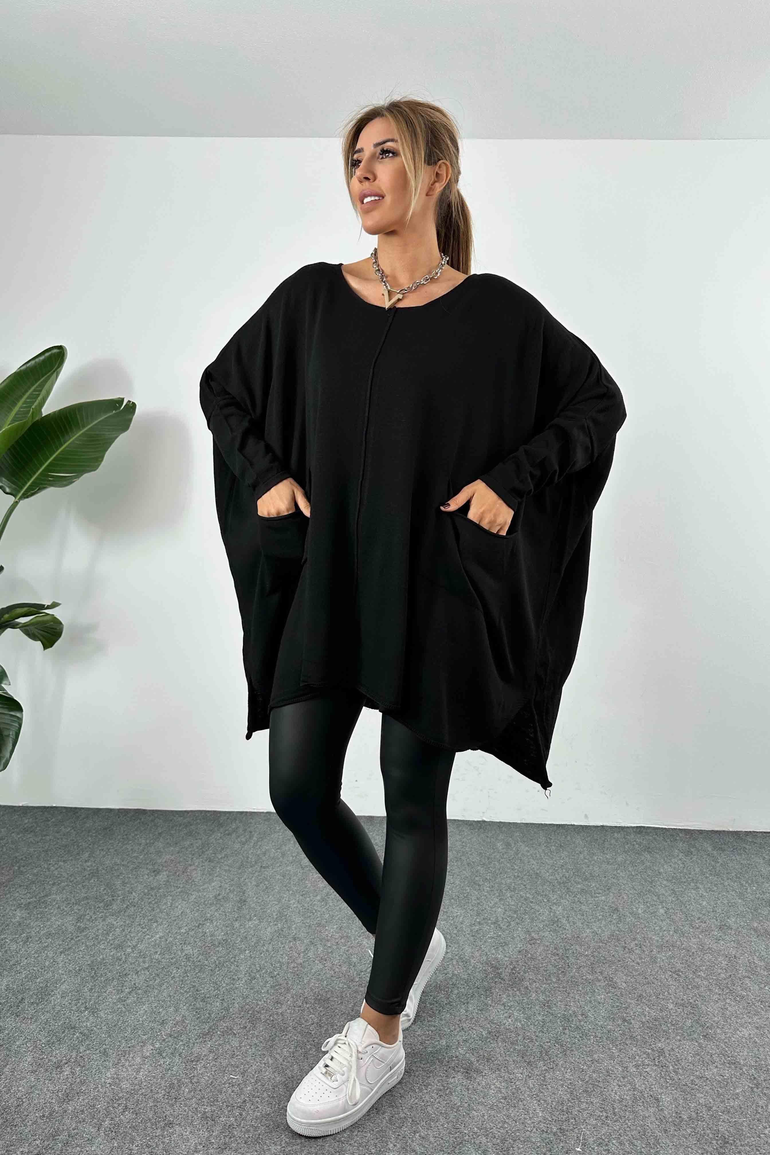 İnce Örme Cep Detaylı Oversize Triko Bluz Siyah