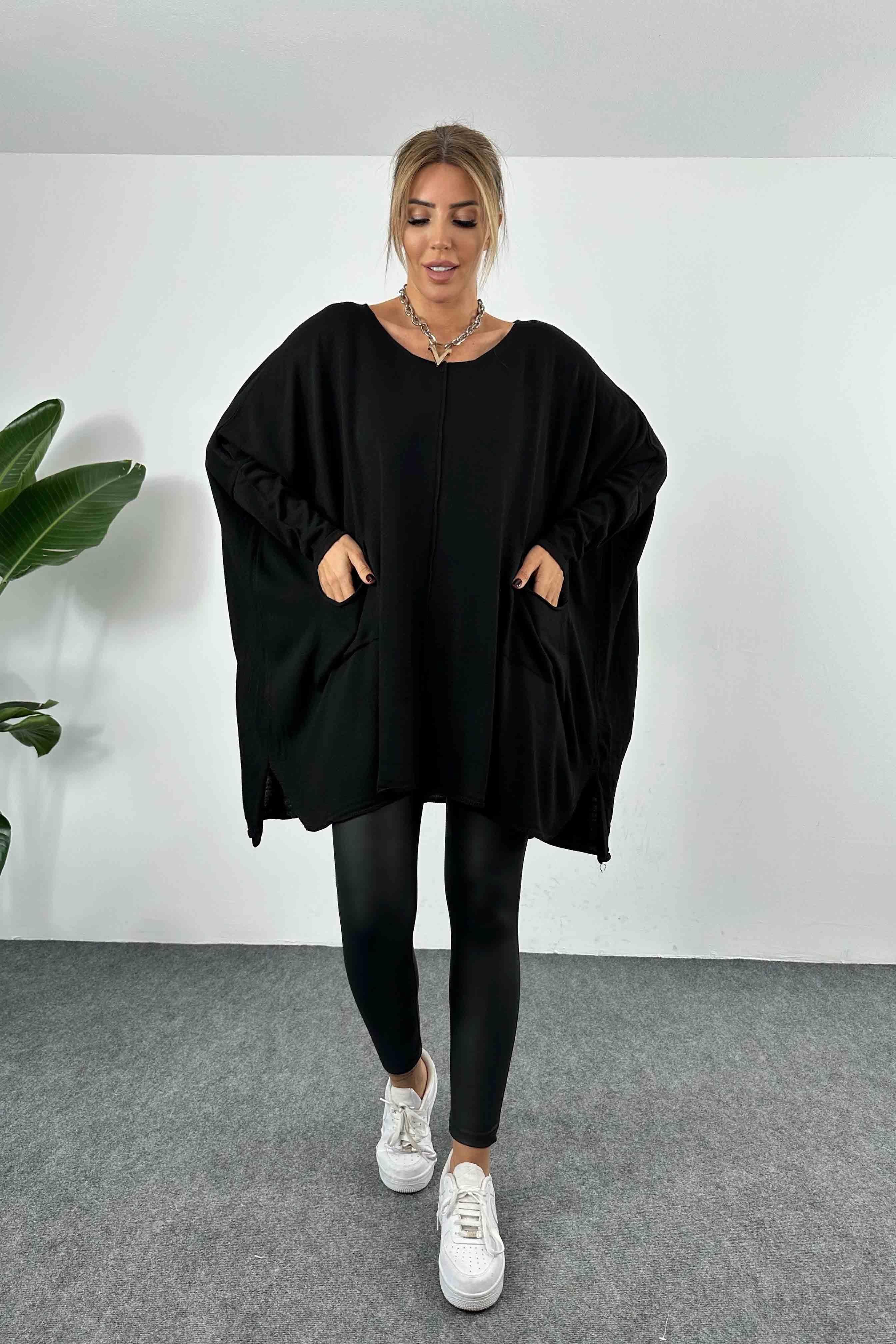 İnce Örme Cep Detaylı Oversize Triko Bluz Siyah