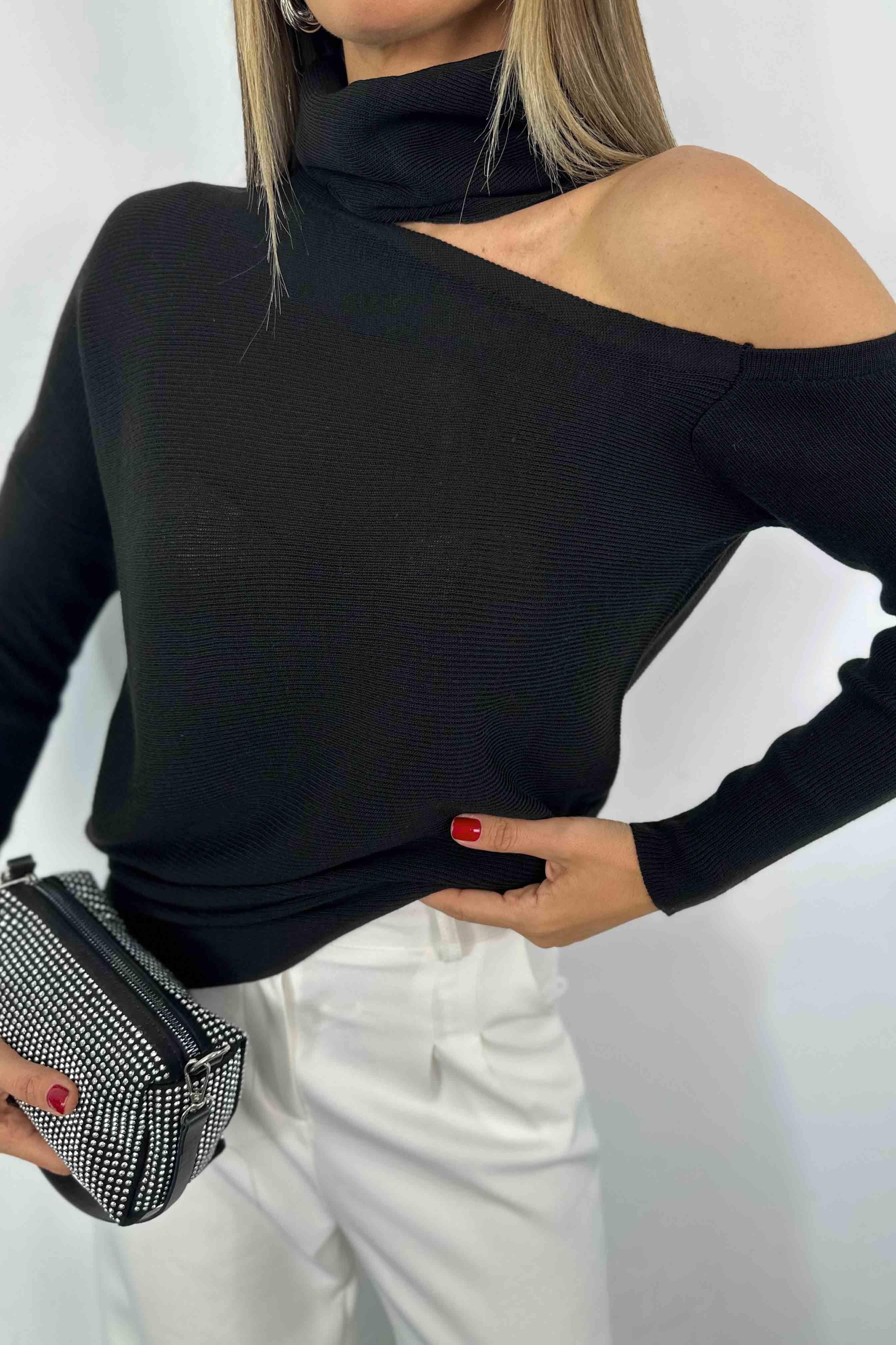 İnce Örme Ek Balıkçı Yakalı Devrik Yaka Kadın Kazak Siyah