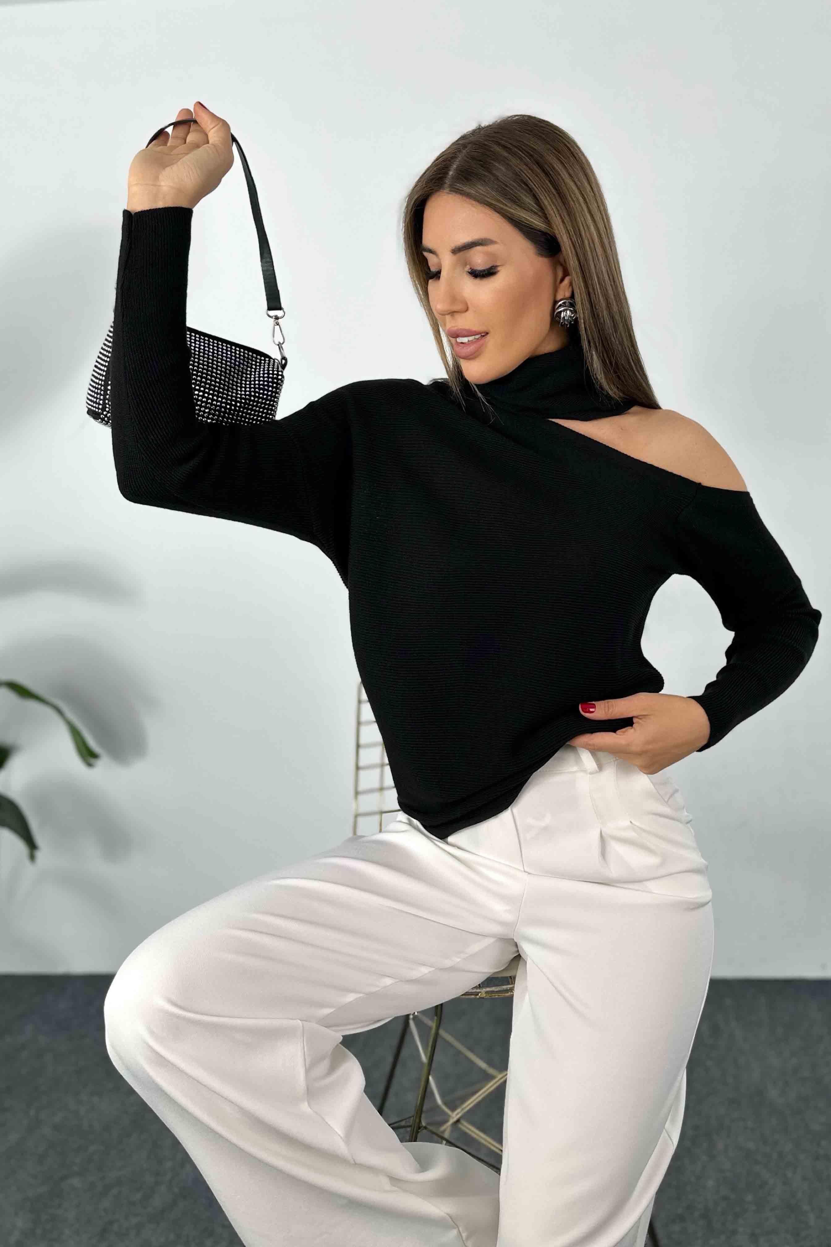 İnce Örme Ek Balıkçı Yakalı Devrik Yaka Kadın Kazak Siyah