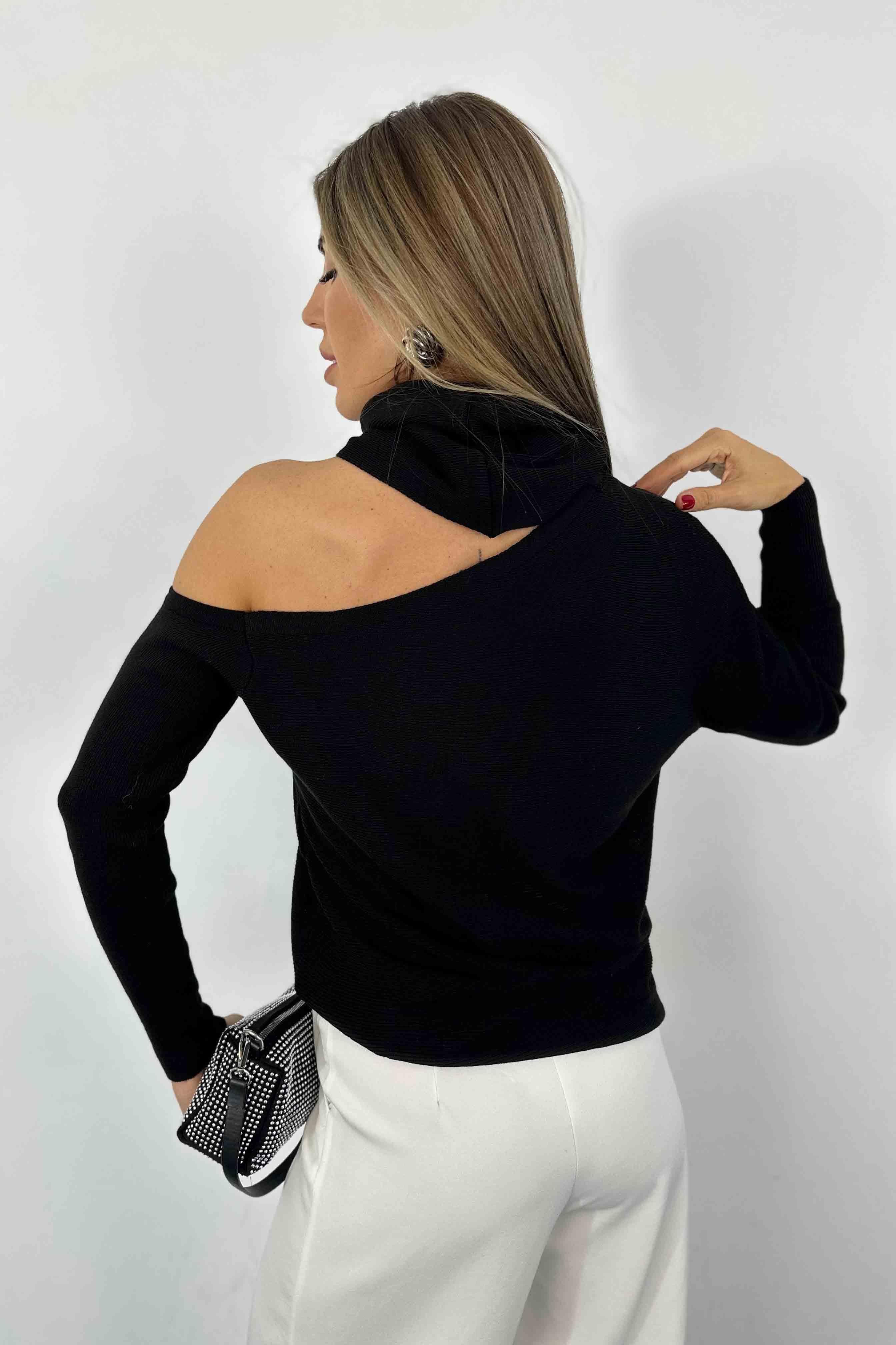 İnce Örme Ek Balıkçı Yakalı Devrik Yaka Kadın Kazak Siyah