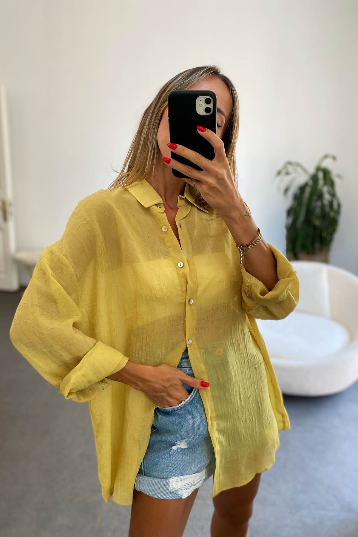 İnce Oversize Kadın Gömlek Hardal