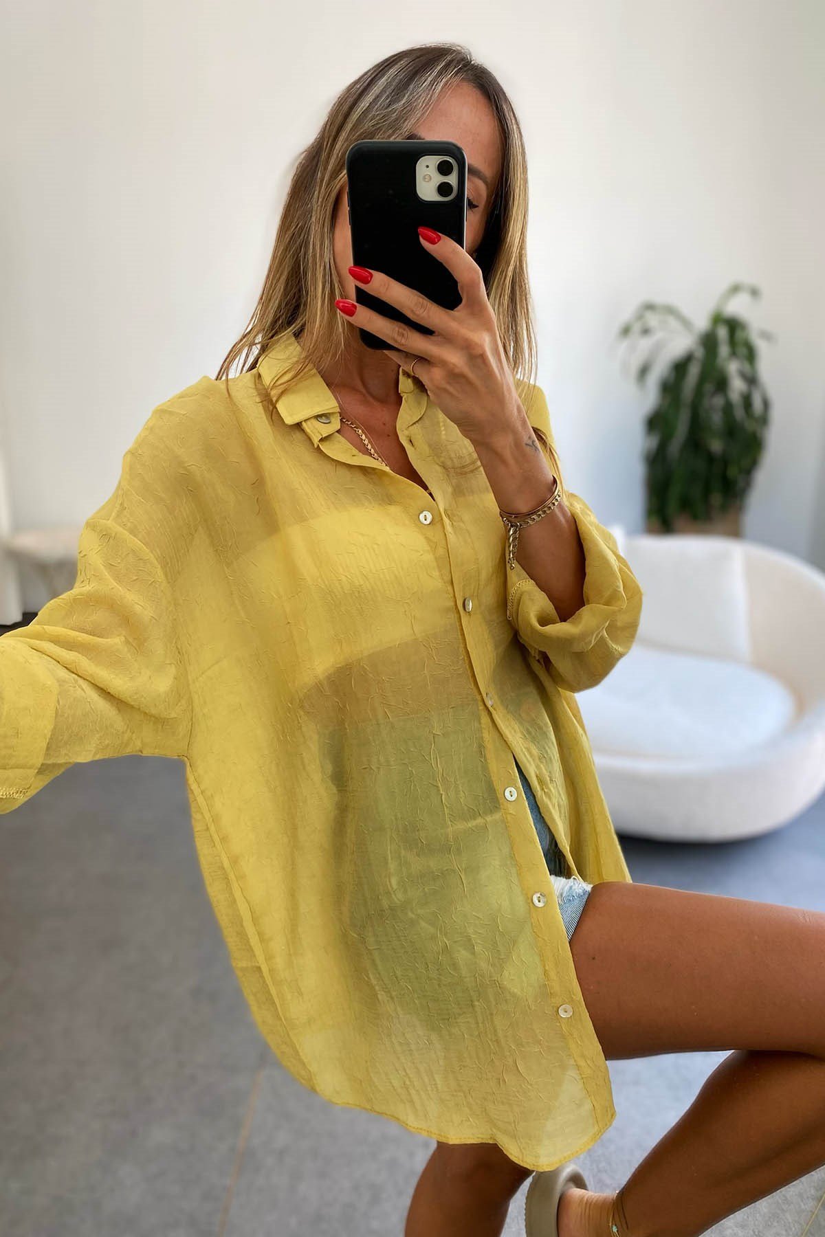 İnce Oversize Kadın Gömlek Hardal