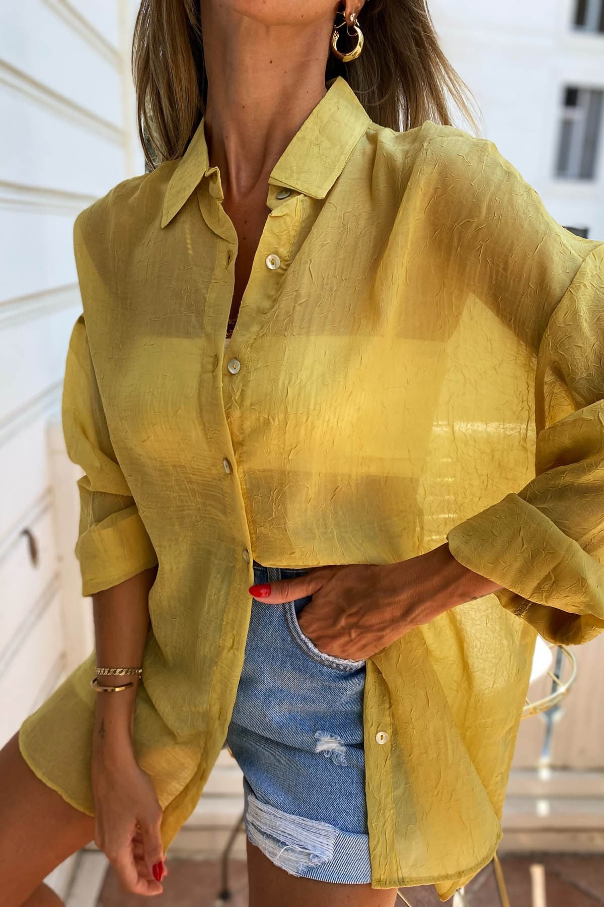 İnce Oversize Kadın Gömlek Hardal