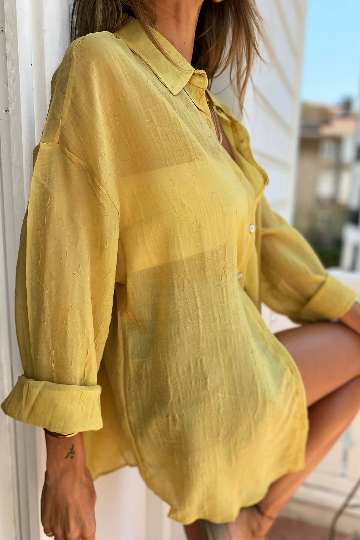 İnce Oversize Kadın Gömlek Hardal