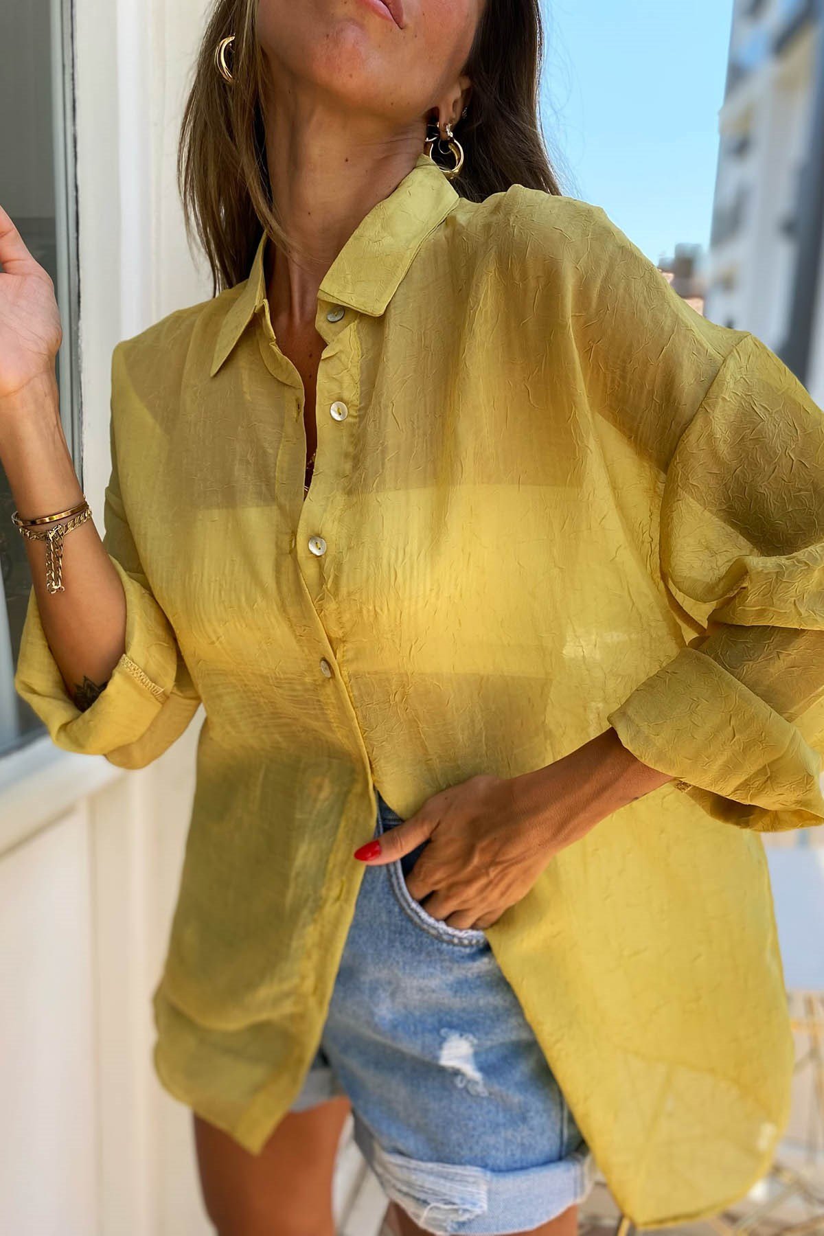 İnce Oversize Kadın Gömlek Hardal