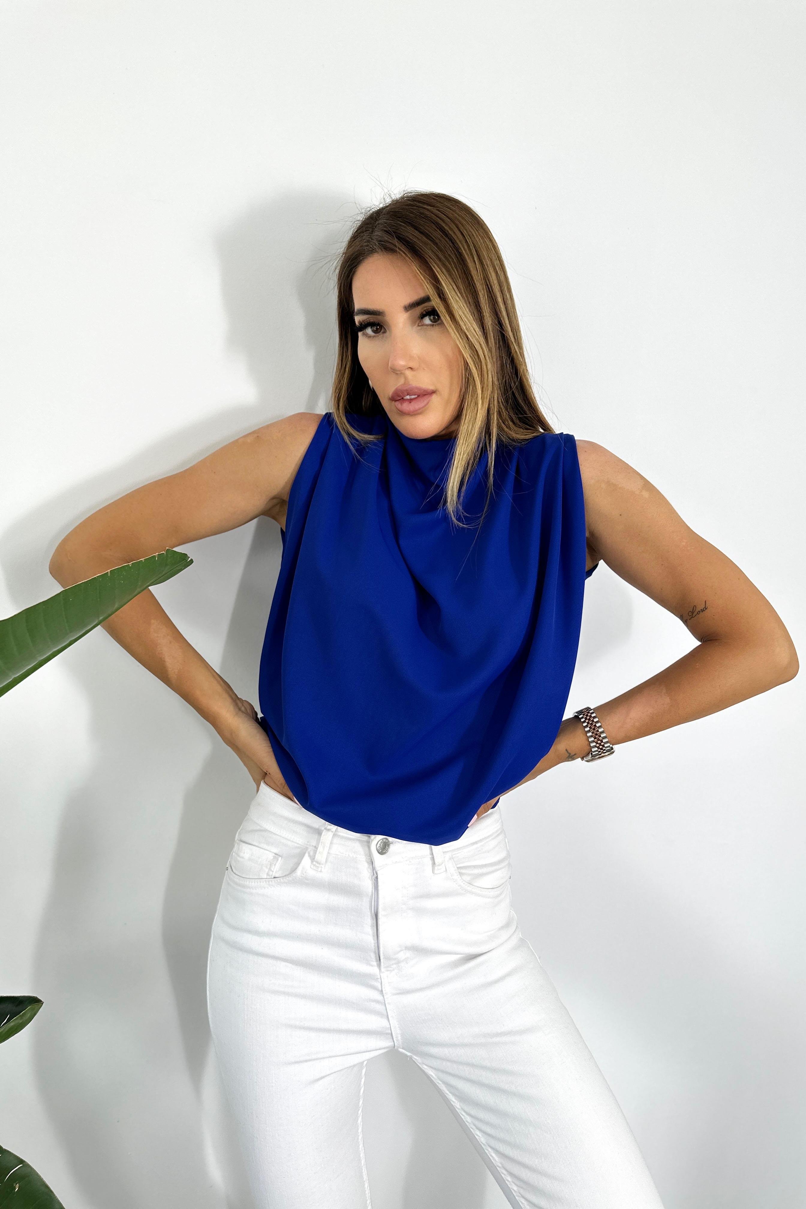 İnce Pamuklu Krep Kumaş Vatkalı Bluz Saks