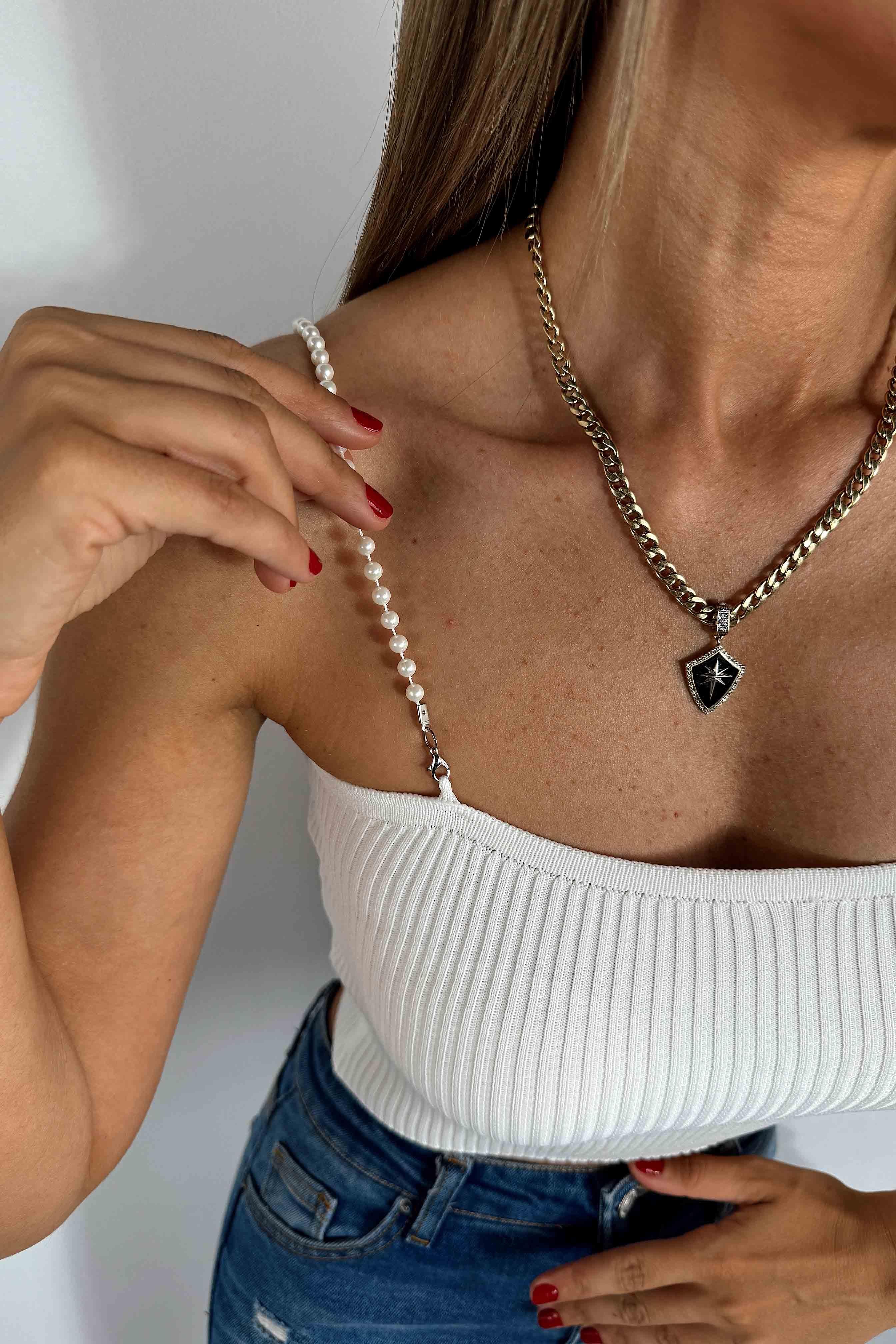 İnci Askılı Fitilli Crop Beyaz