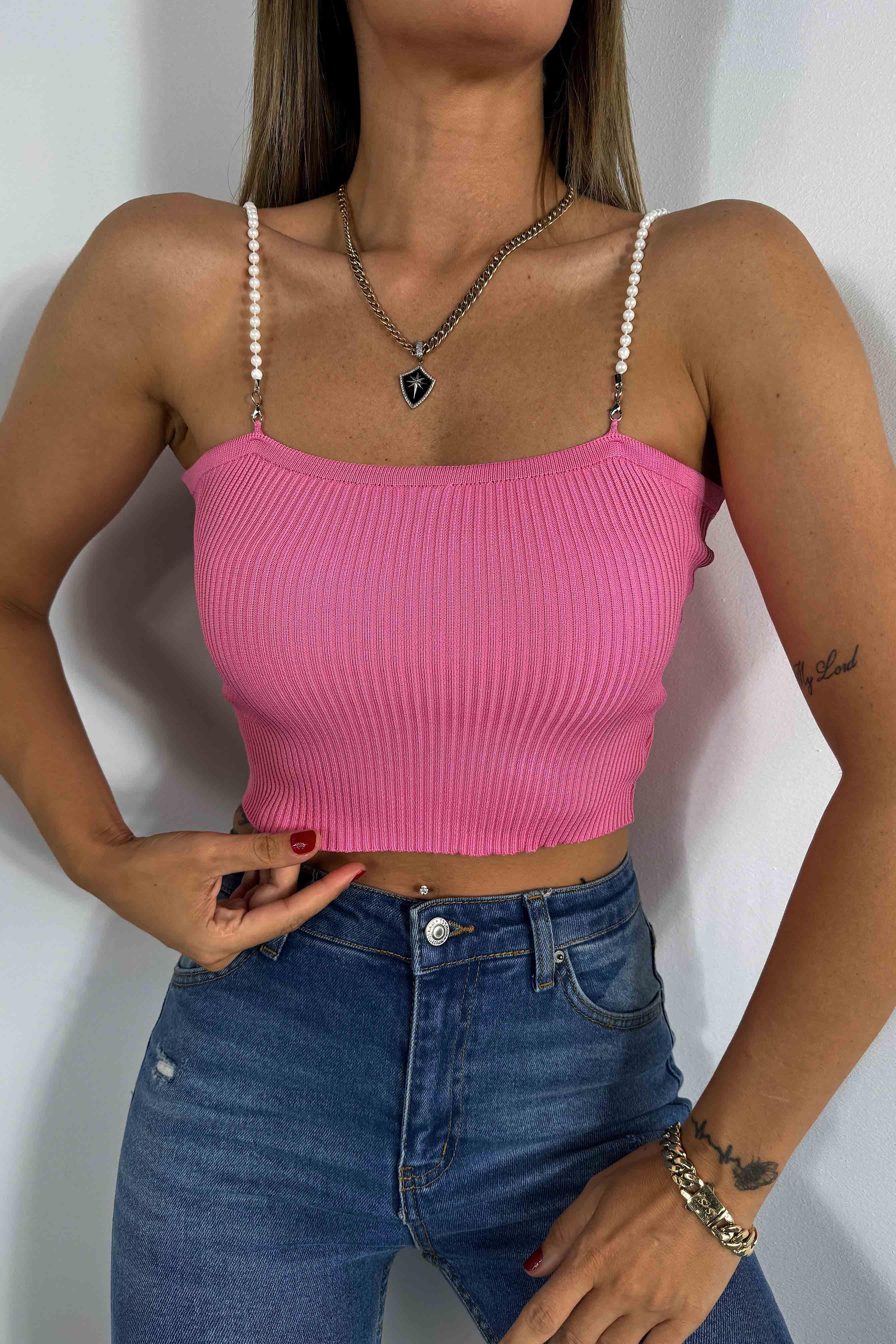 İnci Askılı Fitilli Crop Şeker Pembesi
