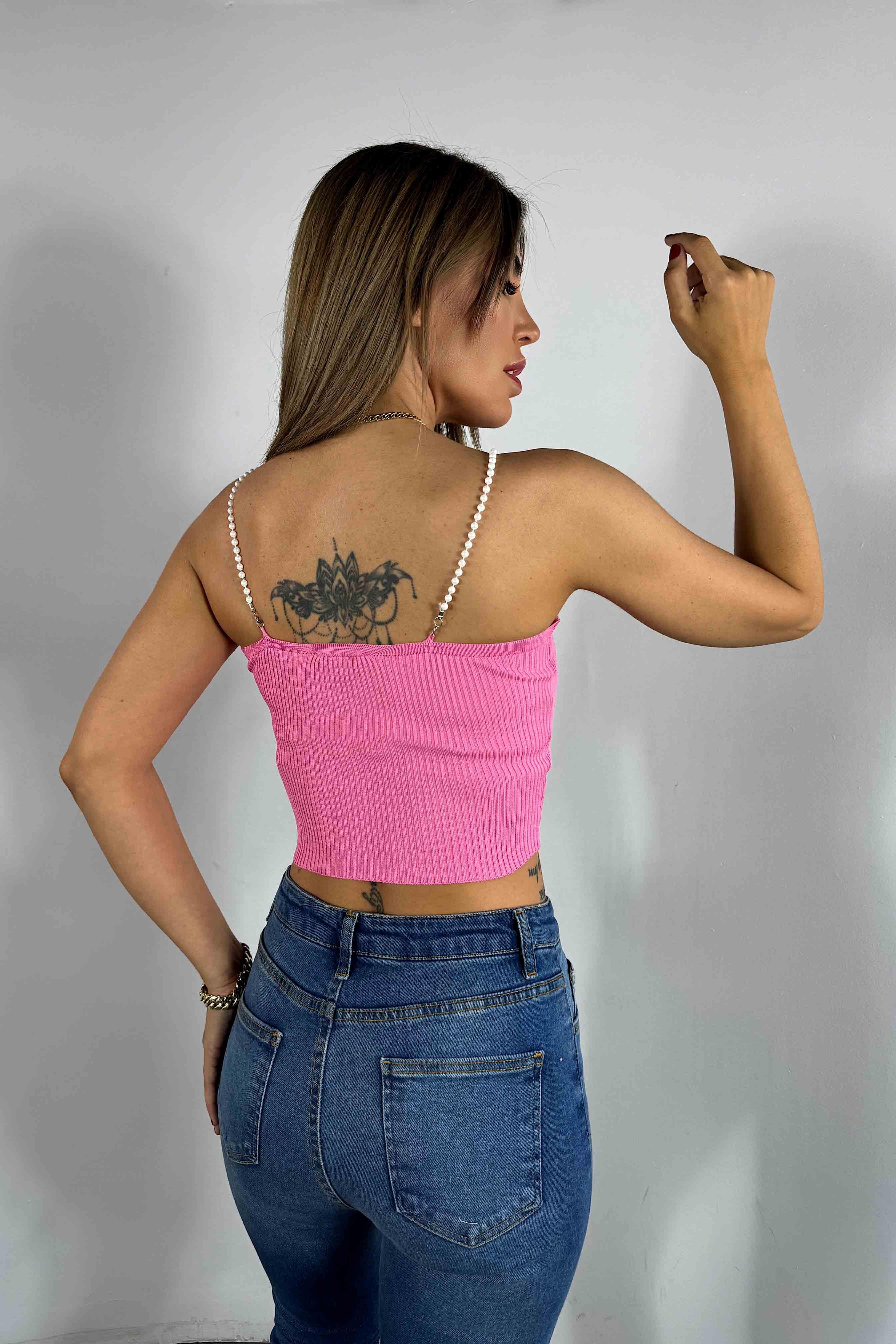 İnci Askılı Fitilli Crop Şeker Pembesi