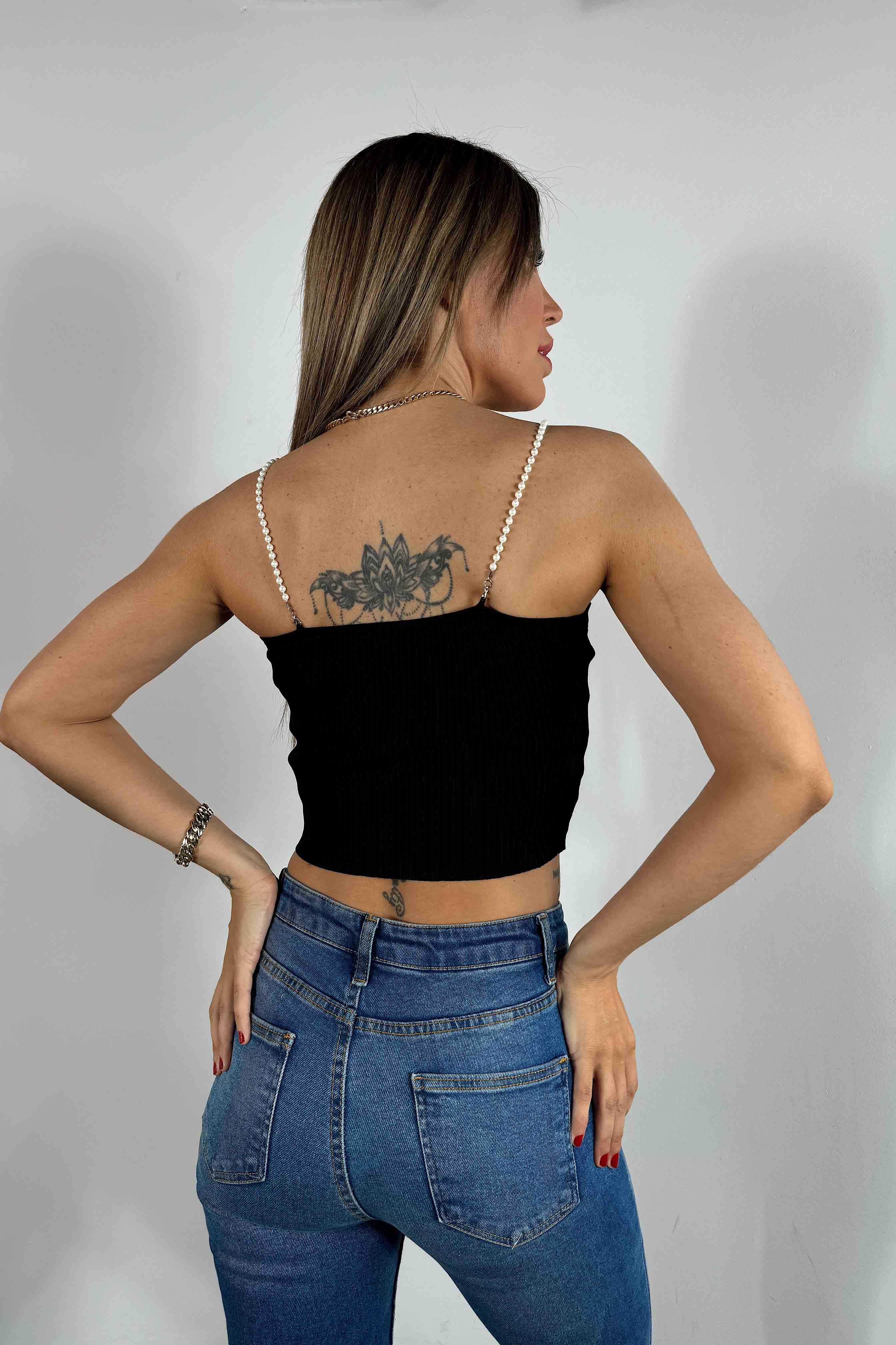 İnci Askılı Fitilli Crop Siyah