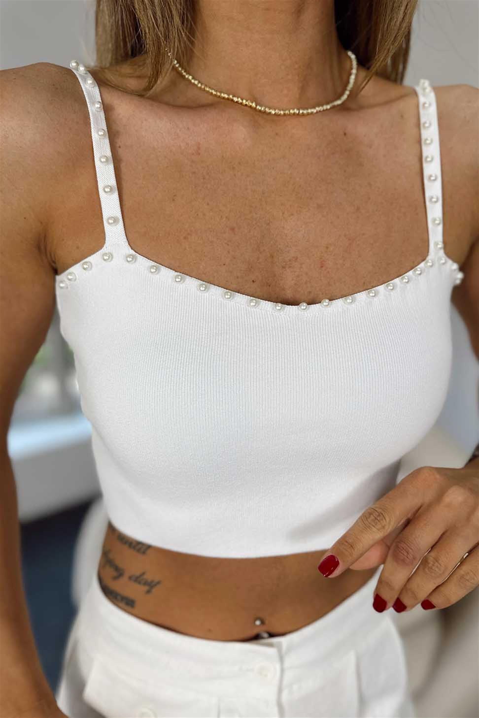 İncili Triko Crop Top Beyaz