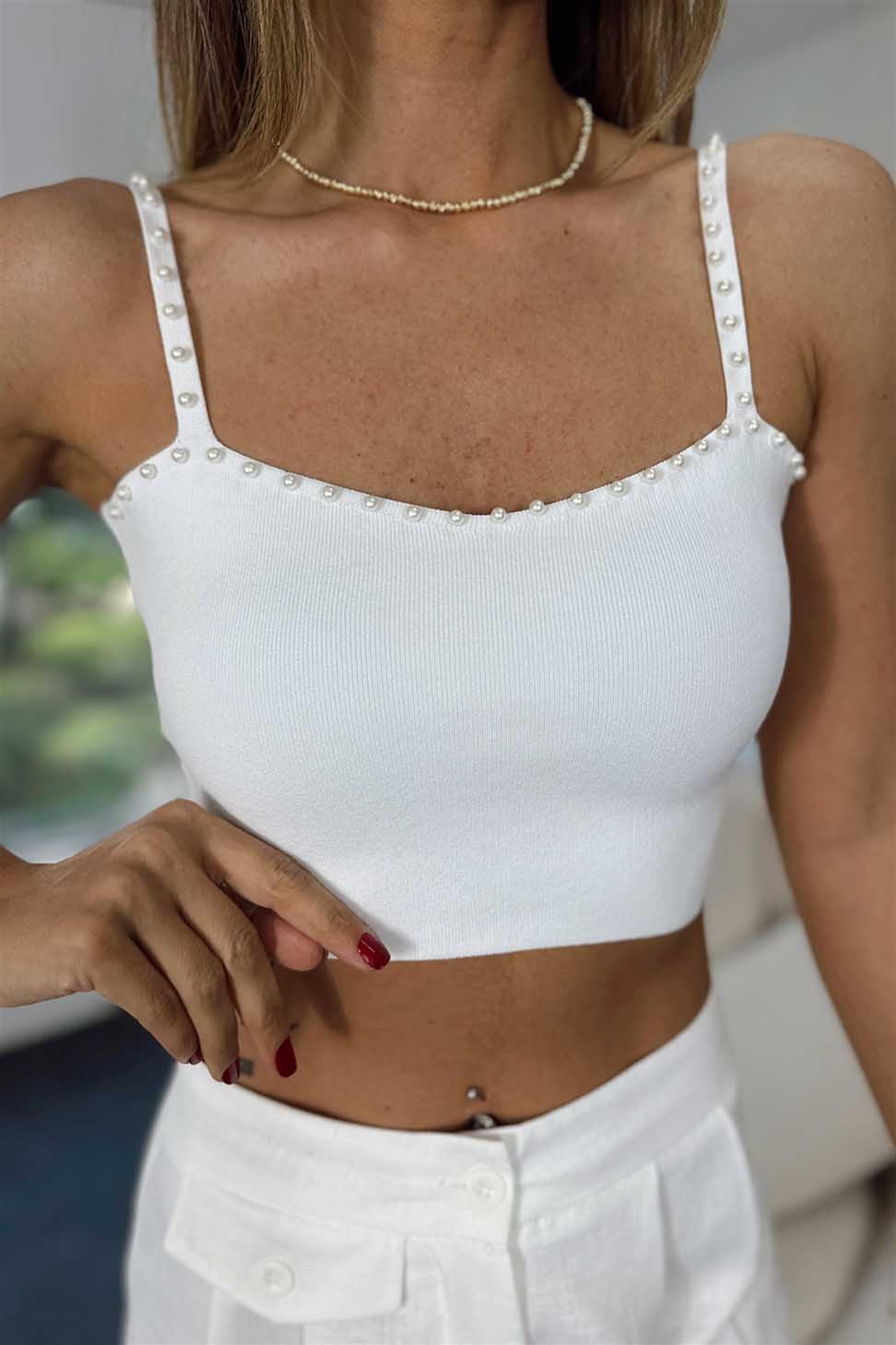 İncili Triko Crop Top Beyaz