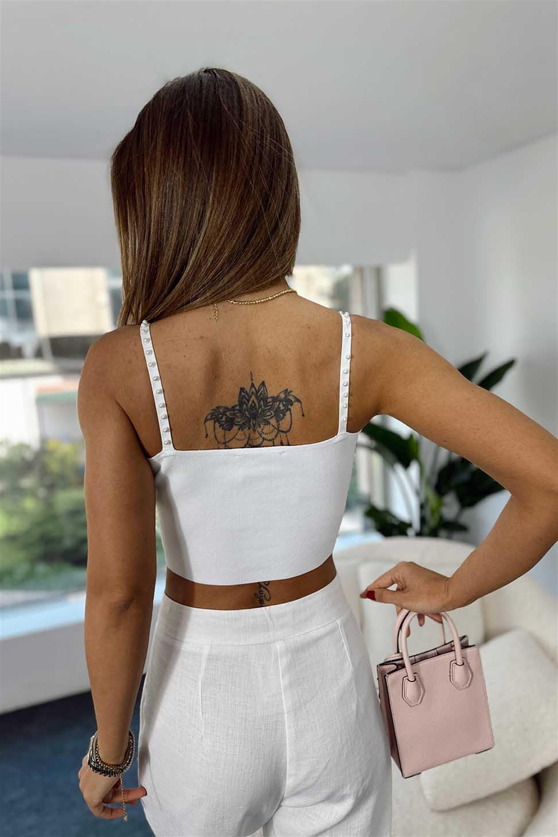 İncili Triko Crop Top Beyaz