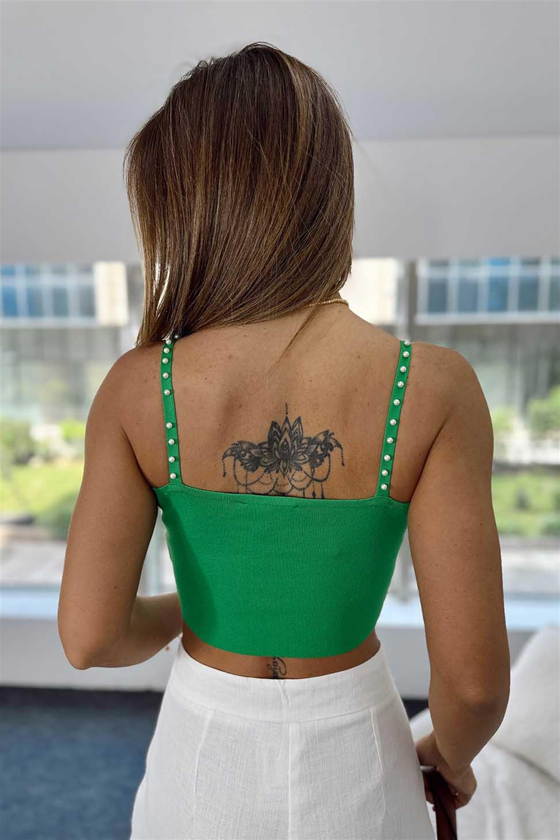 İncili Triko Crop Top Yeşil