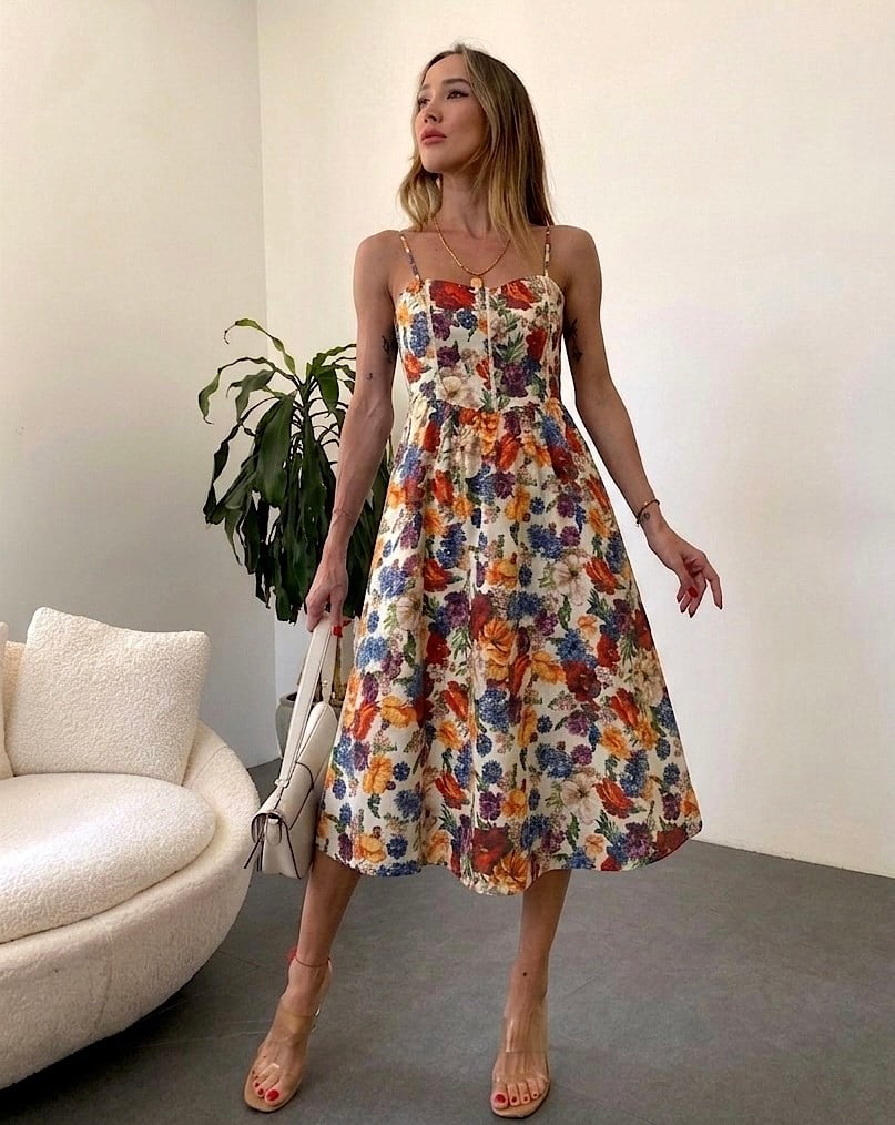 İp Askılı Çiçek Desenli Flower Elbise 