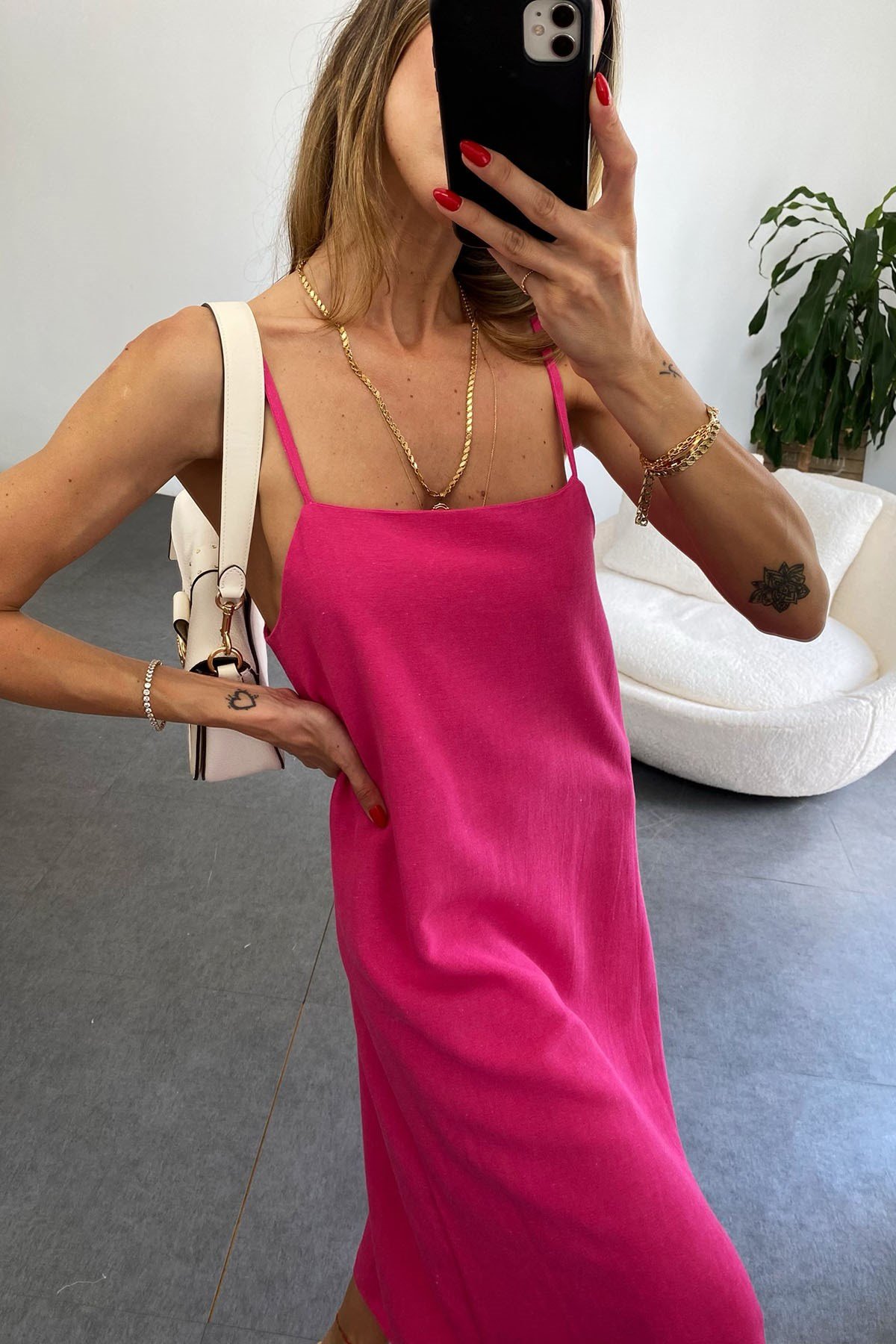 İp Askılı Keten Elbise Pembe