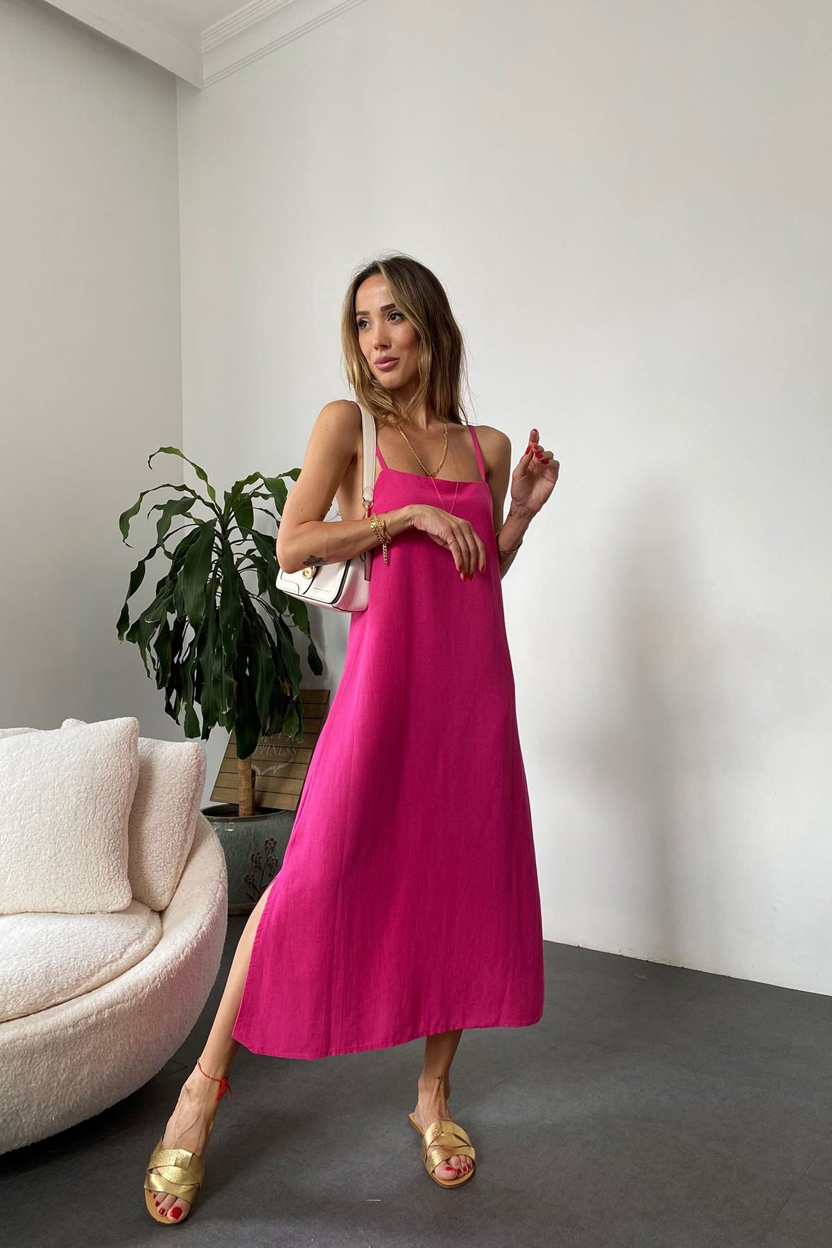 İp Askılı Keten Elbise Pembe