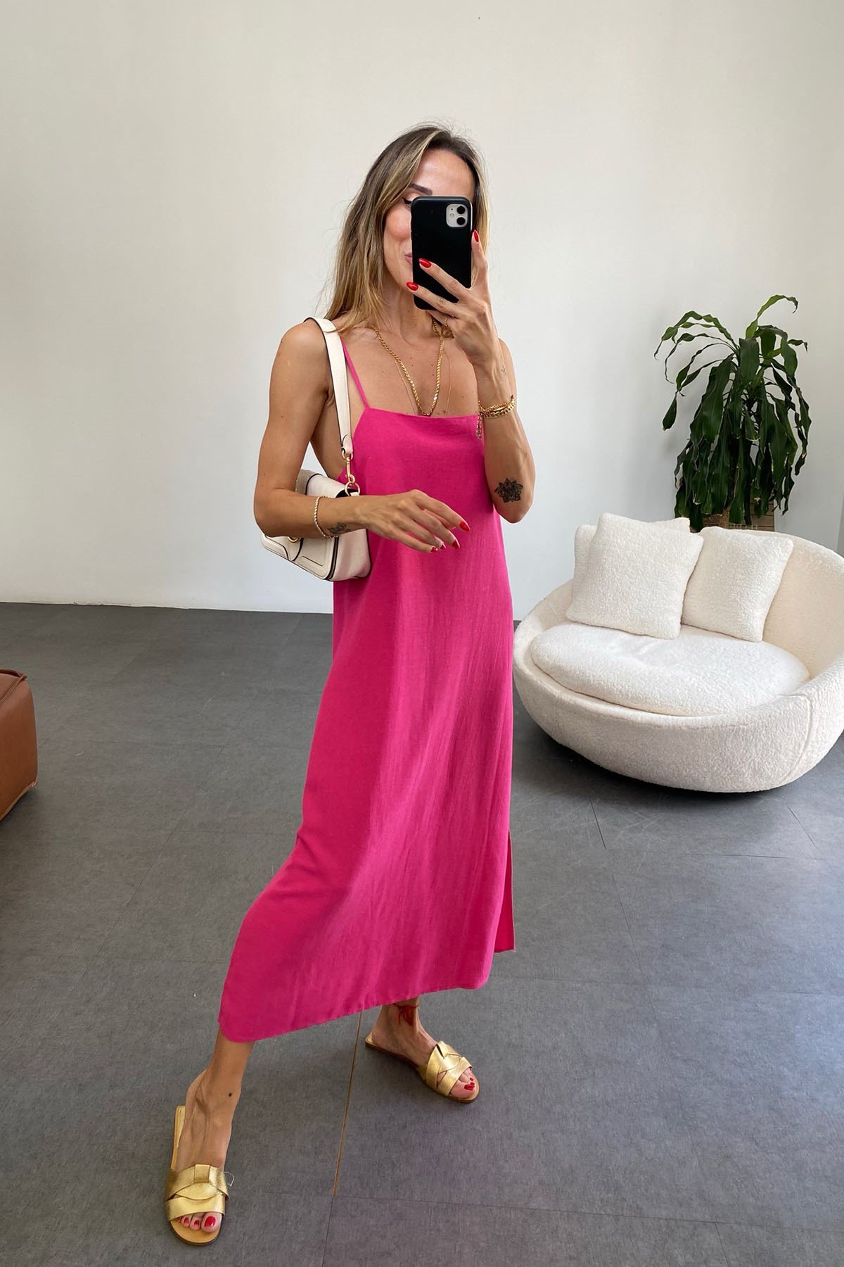 İp Askılı Keten Elbise Pembe