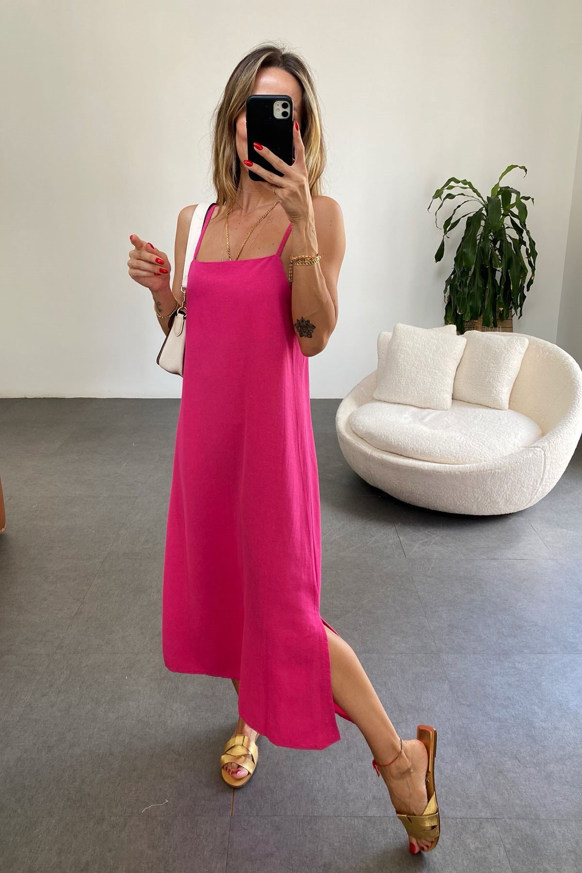İp Askılı Keten Elbise Pembe