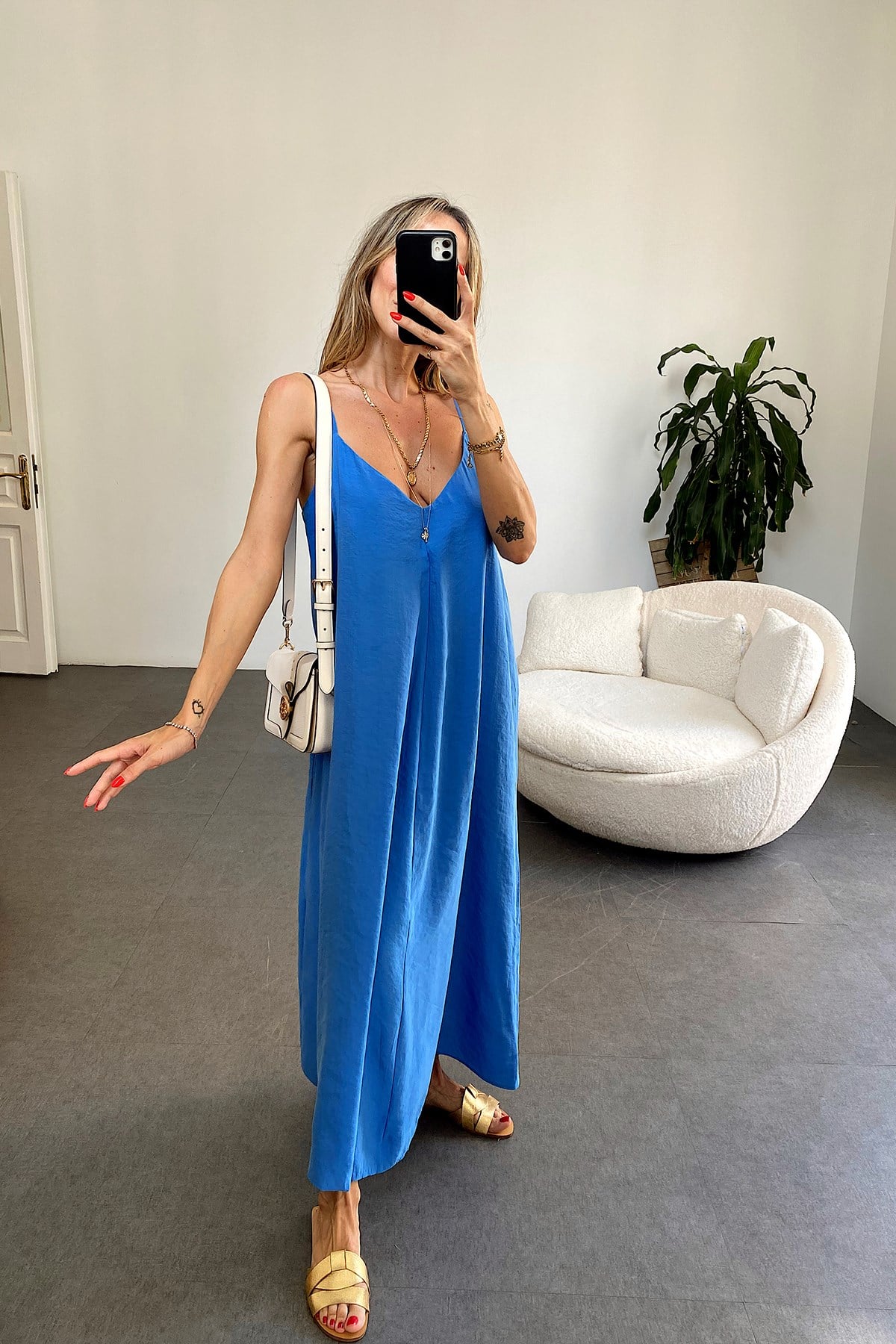 İp Askılı Maxi Elbise Mavi