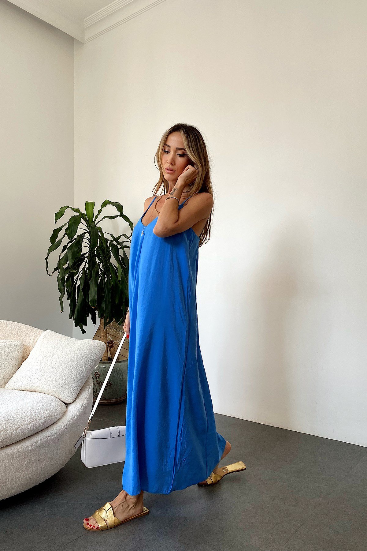 İp Askılı Maxi Elbise Mavi
