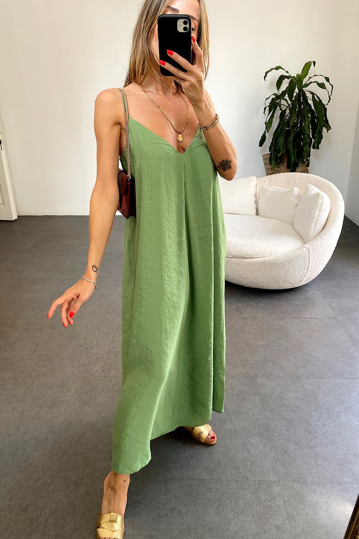 İp Askılı Maxi Elbise Olive Yeşil