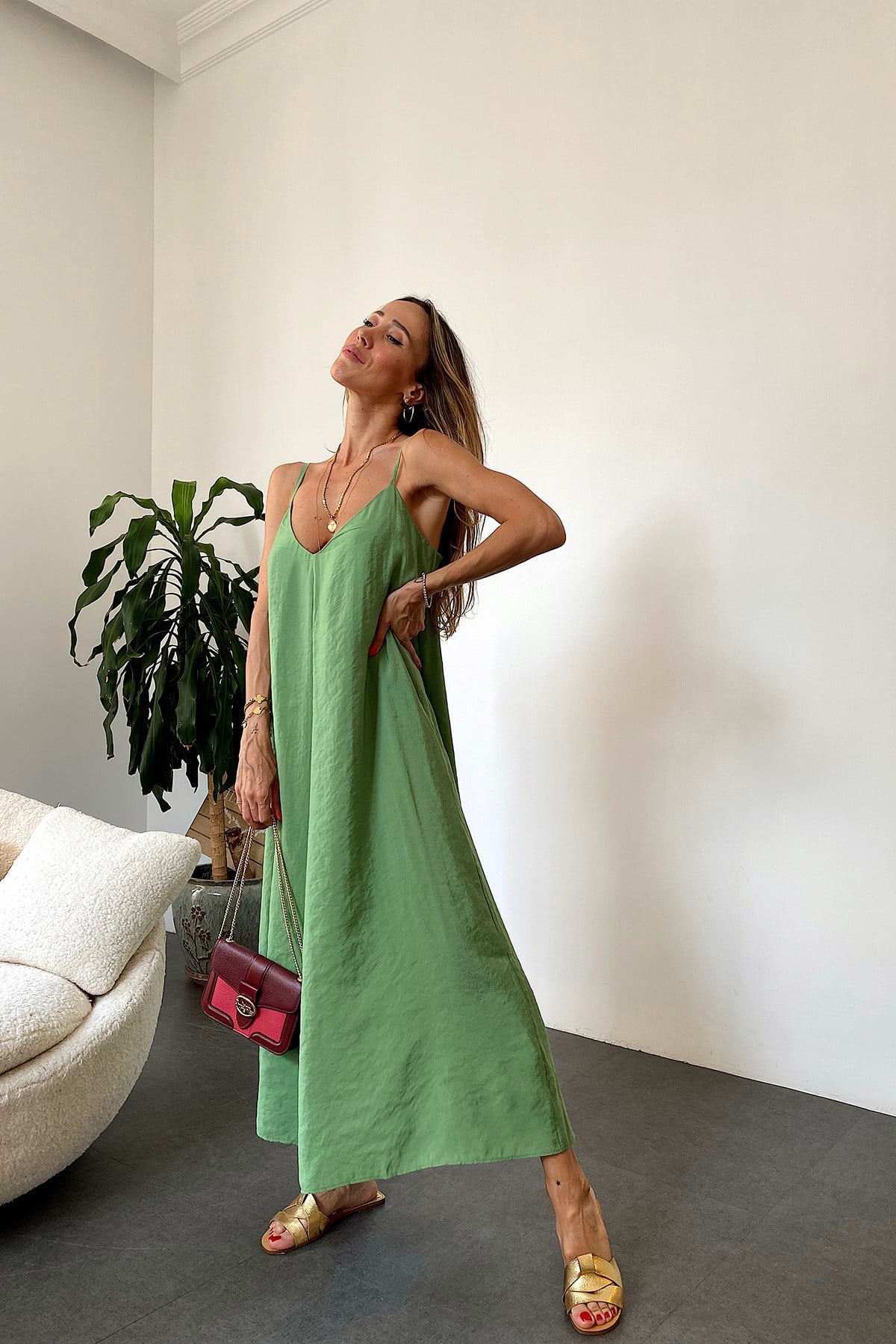 İp Askılı Maxi Elbise Olive Yeşil