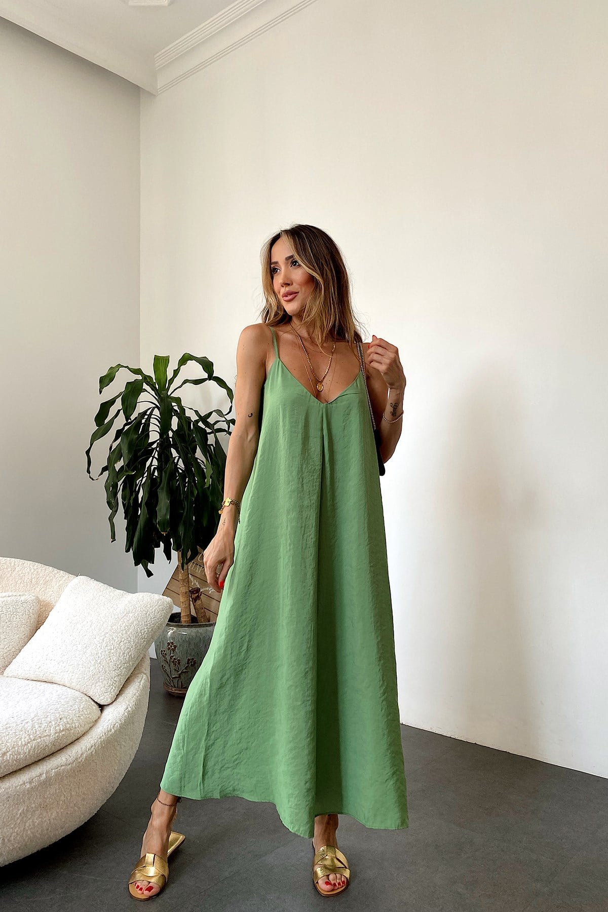İp Askılı Maxi Elbise Olive Yeşil