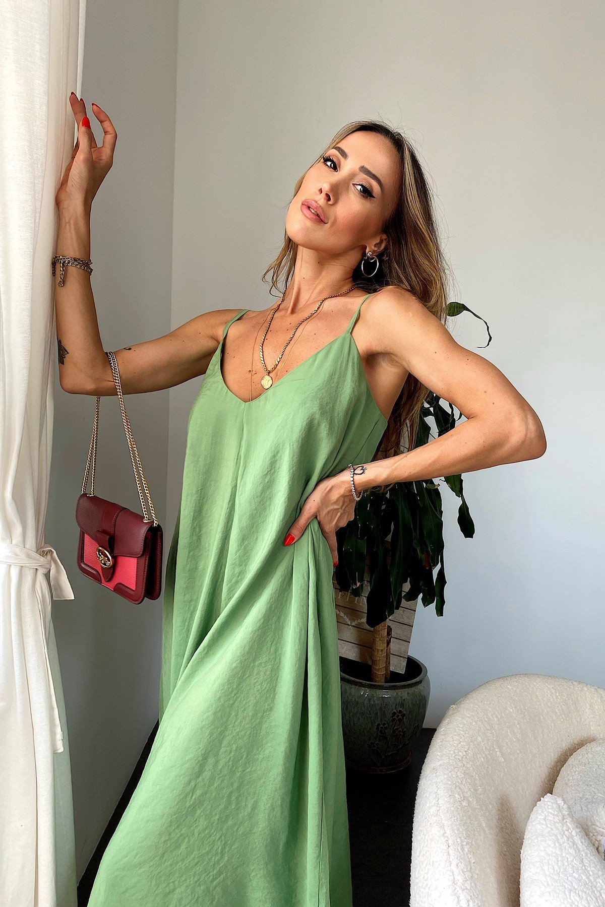 İp Askılı Maxi Elbise Olive Yeşil
