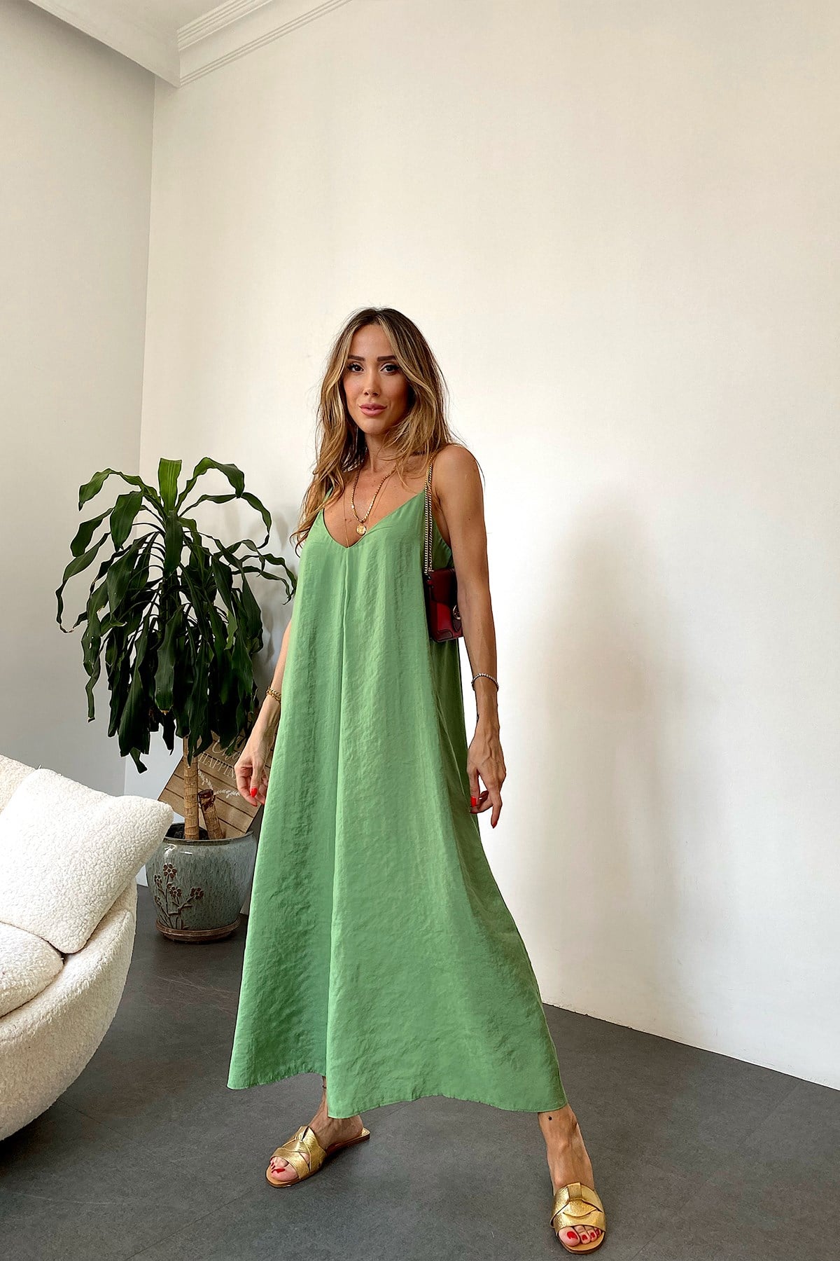 İp Askılı Maxi Elbise Olive Yeşil