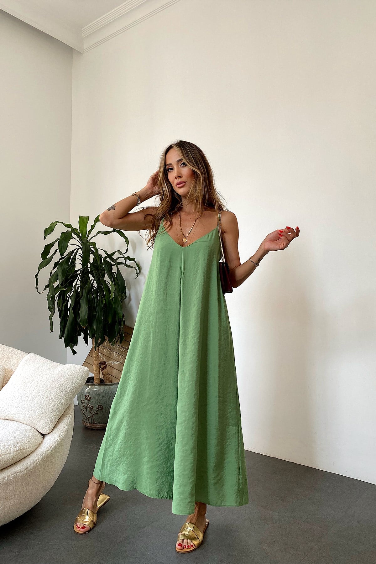 İp Askılı Maxi Elbise Olive Yeşil