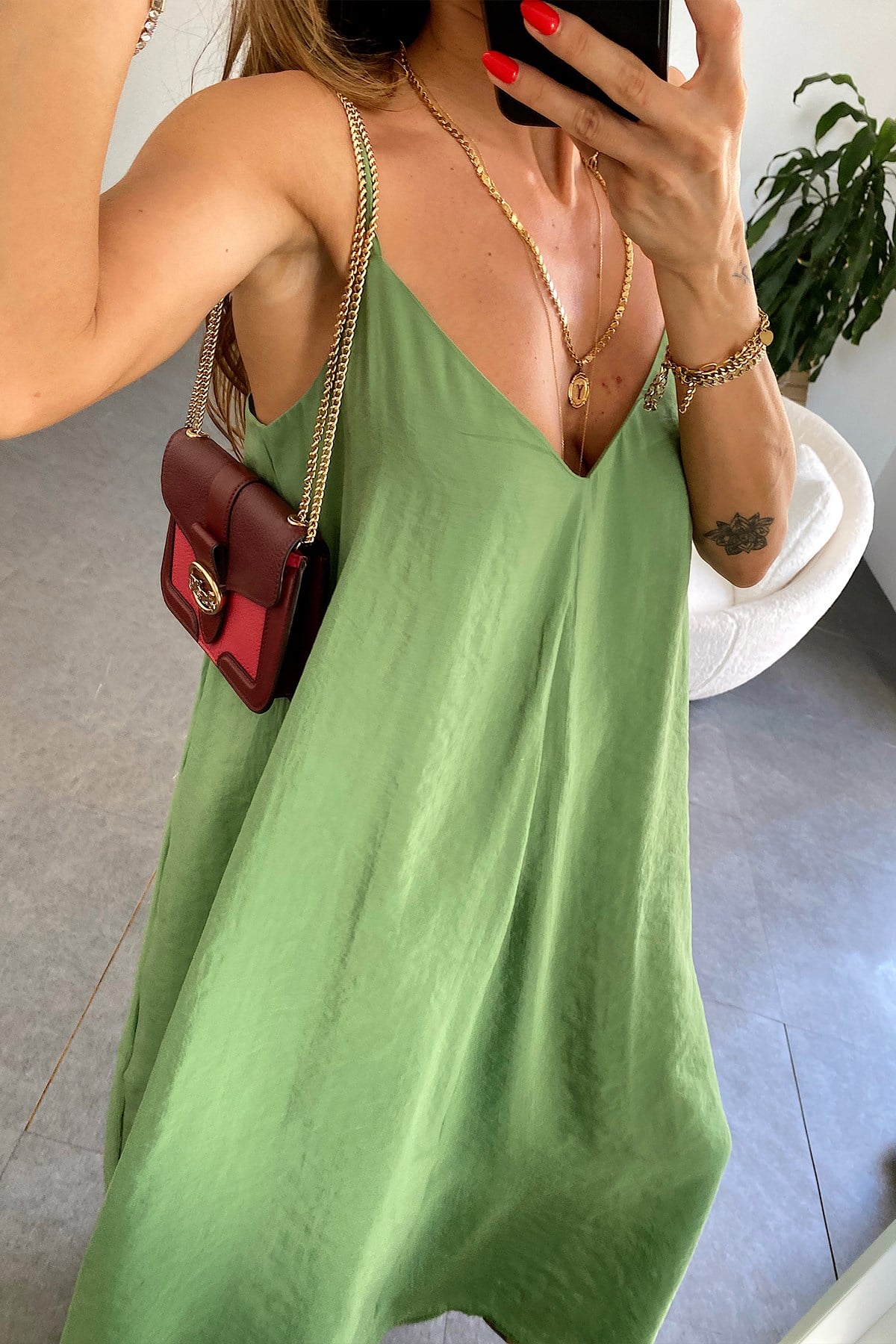 İp Askılı Maxi Elbise Olive Yeşil