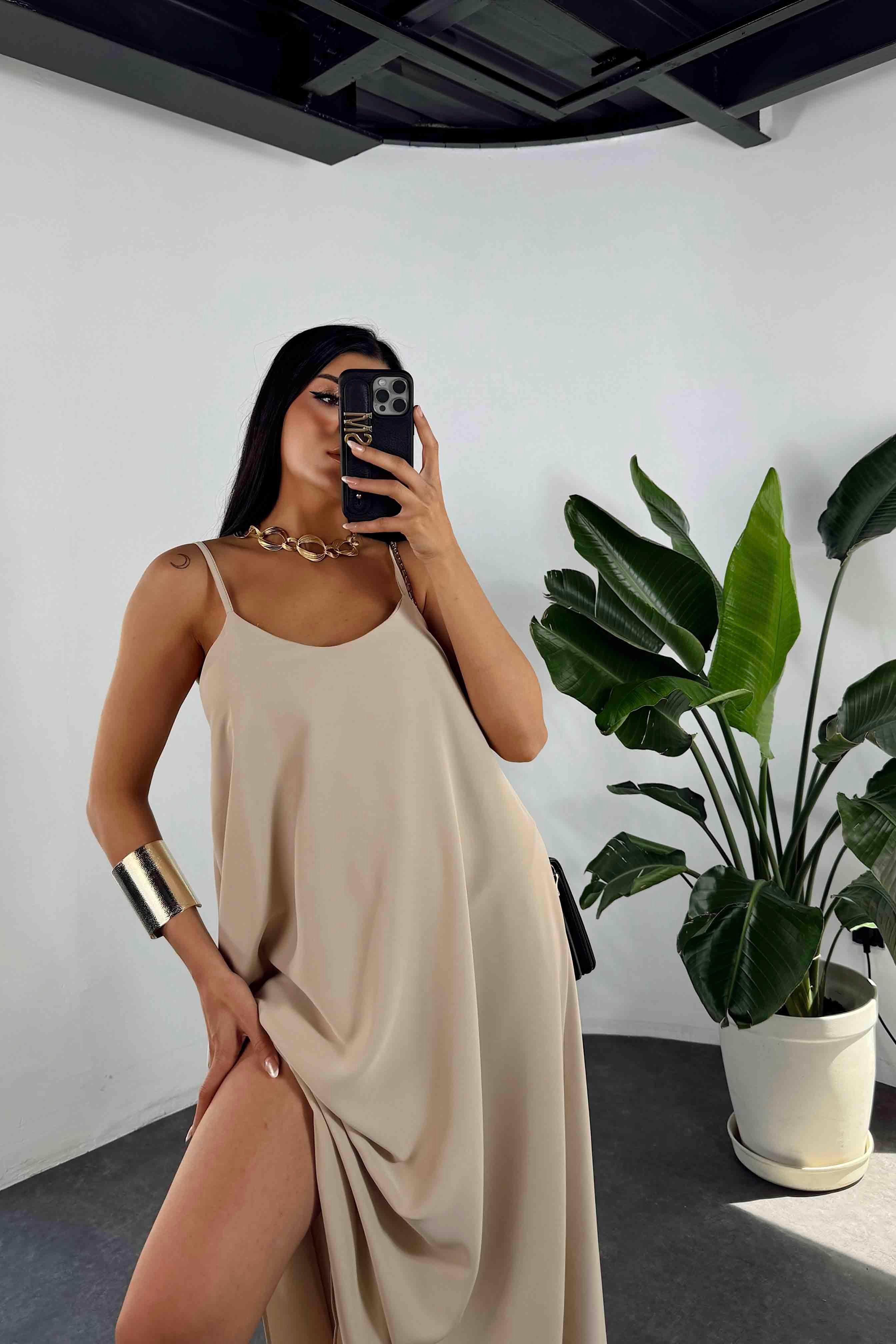 İp Askılı Tam Boy Pamuk Viskon Salaş Elbise Bej