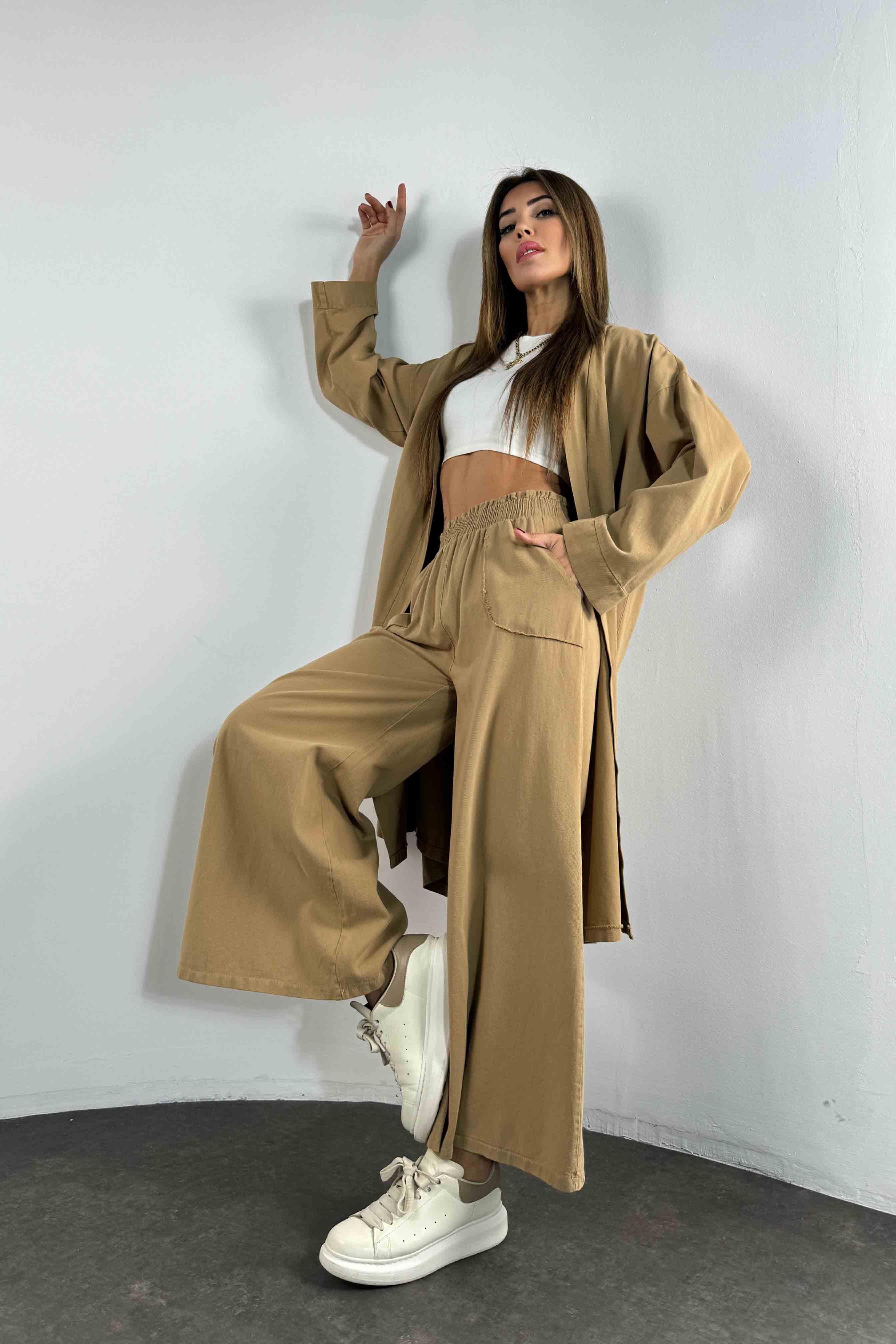 İspanyol Paça Kimono Takım Camel