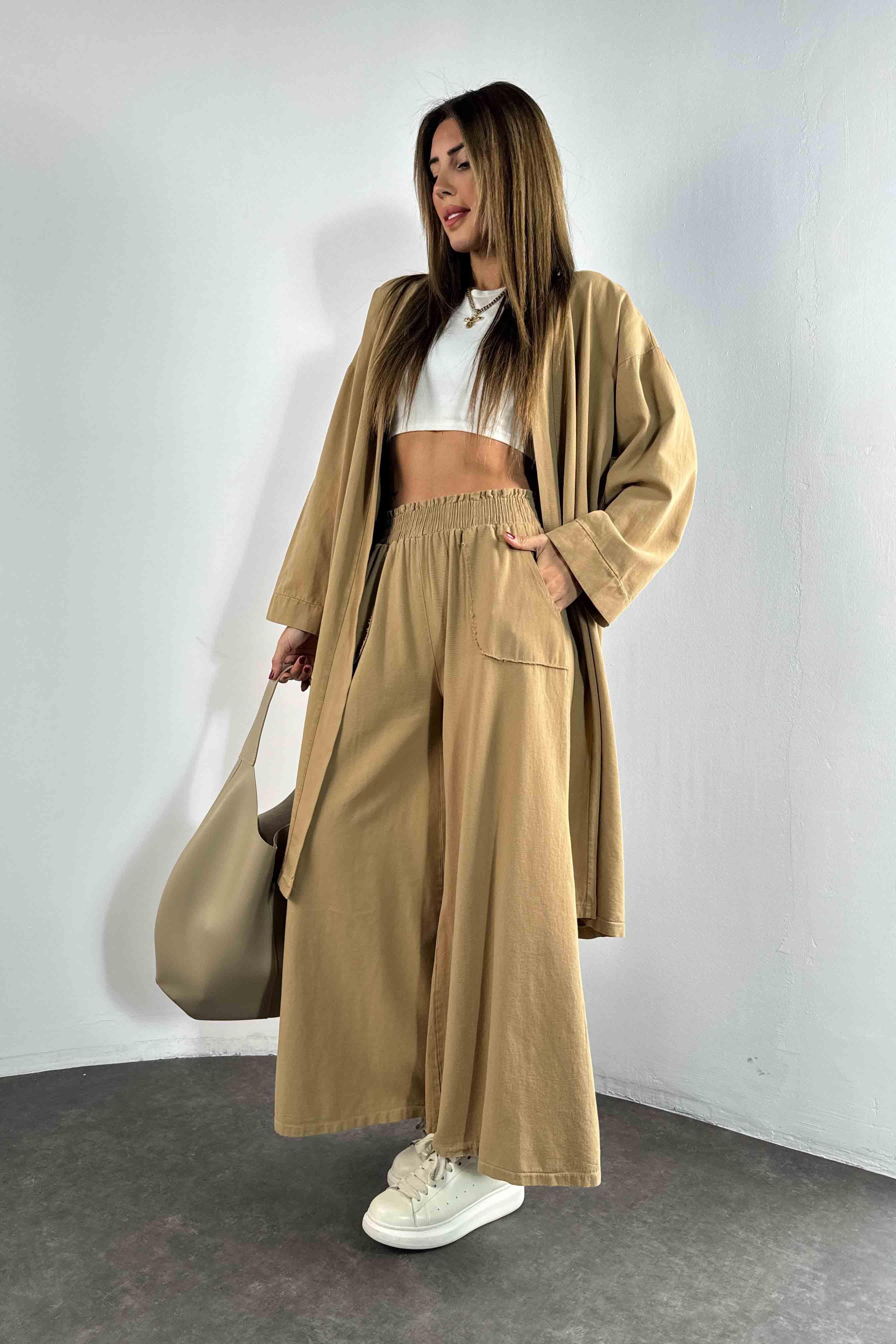 İspanyol Paça Kimono Takım Camel