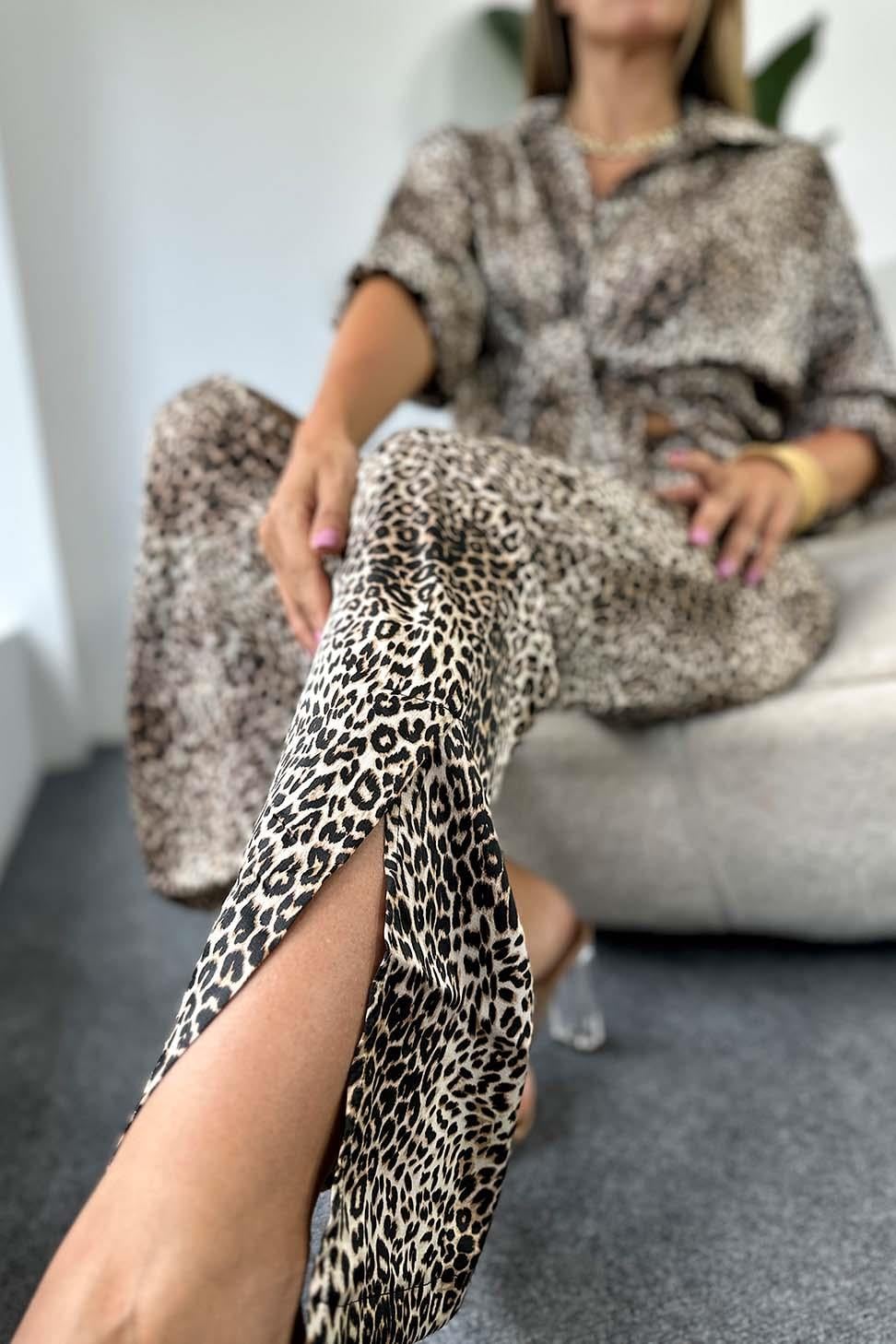 İspanyol Paça Pantolon Gömlek İkili Kadın Takım Leopar DESEN