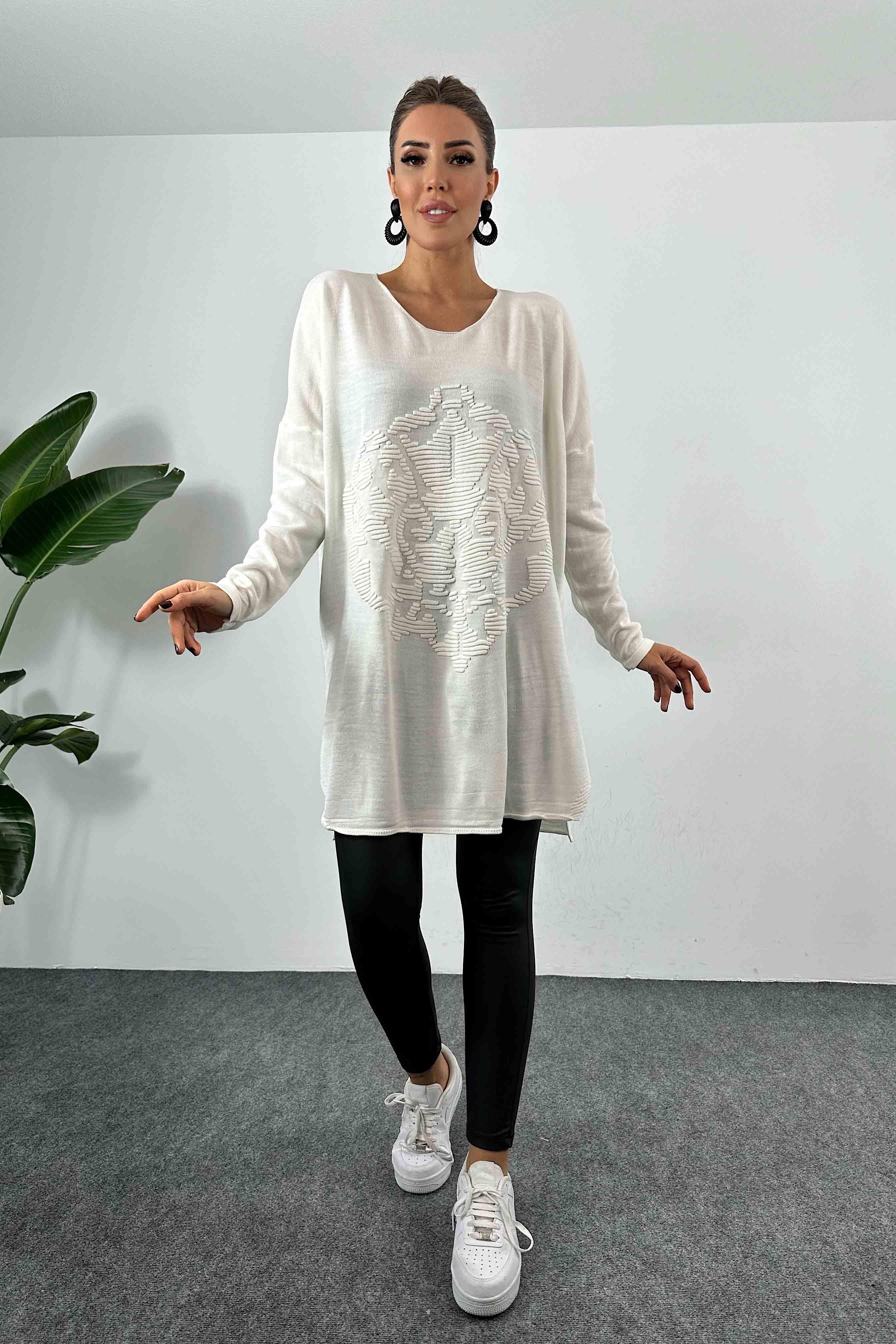 Kabartma Desenli Oversize Triko Bluz Ekru