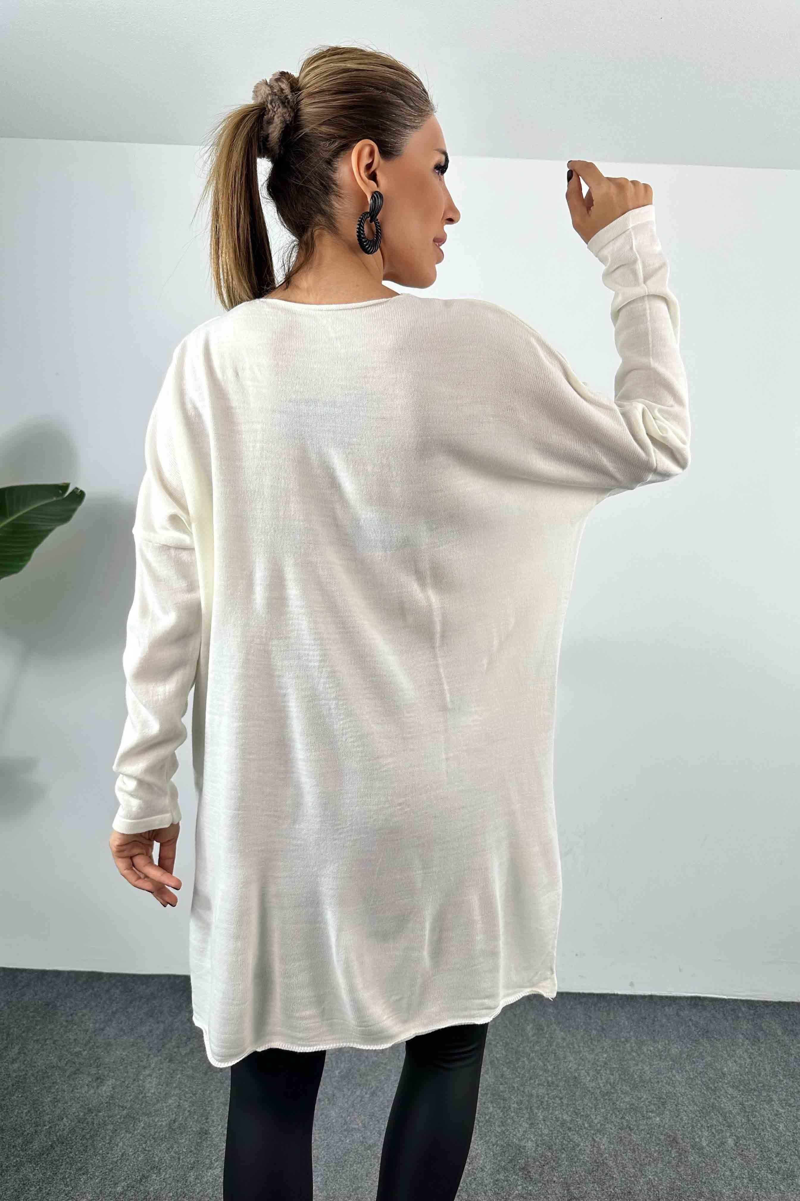 Kabartma Desenli Oversize Triko Bluz Ekru