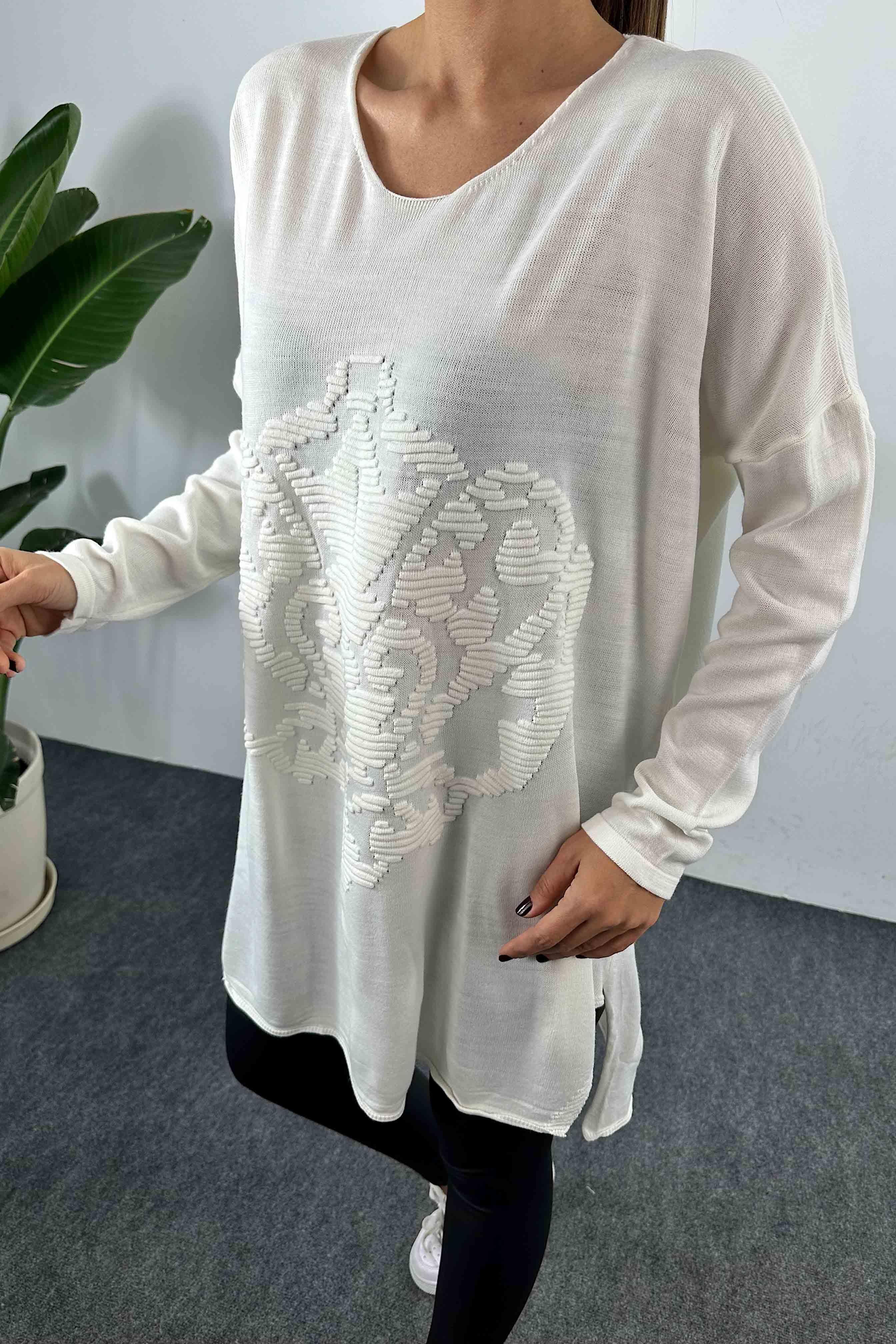 Kabartma Desenli Oversize Triko Bluz Ekru