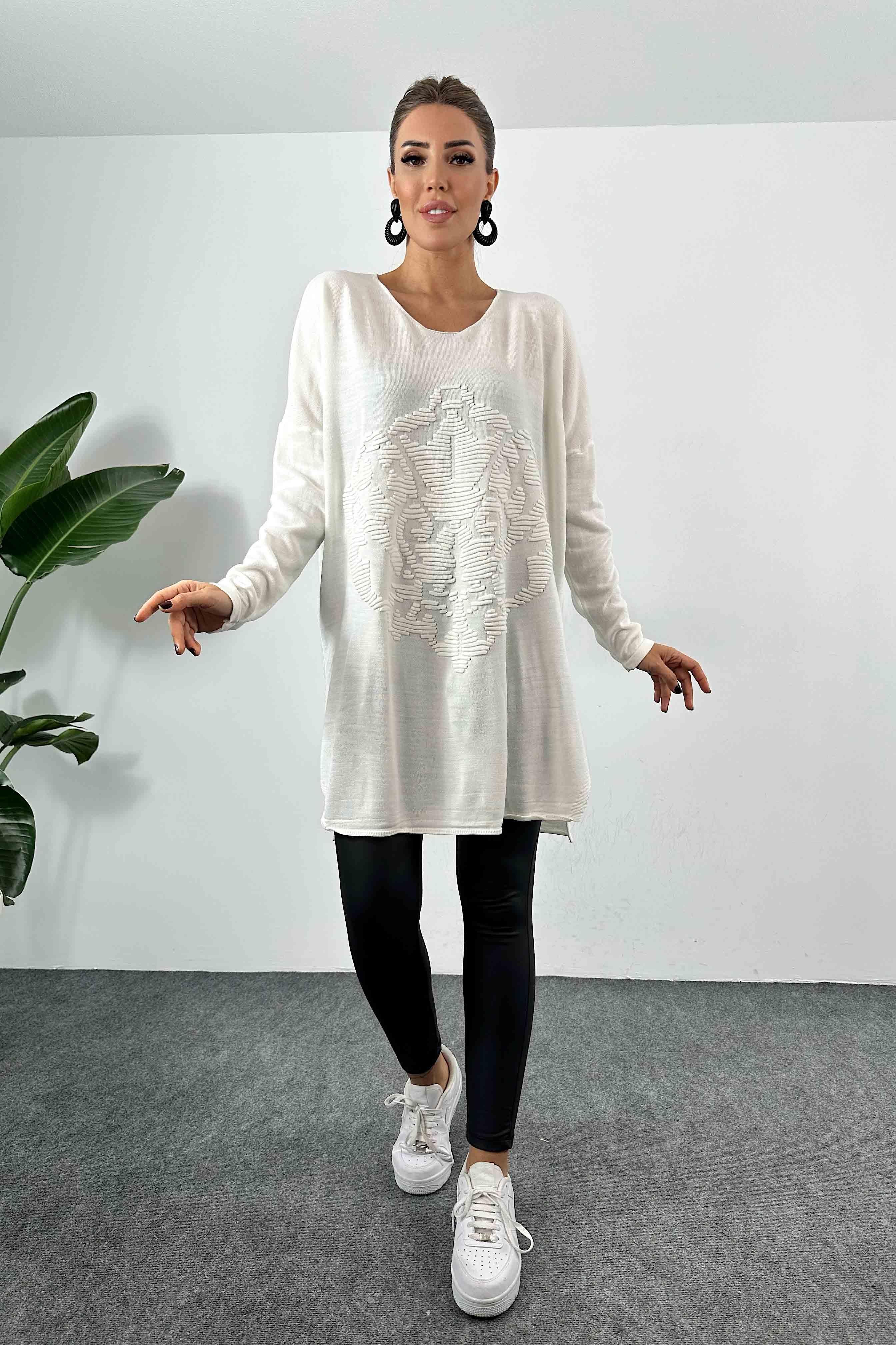 Kabartma Desenli Oversize Triko Bluz Ekru