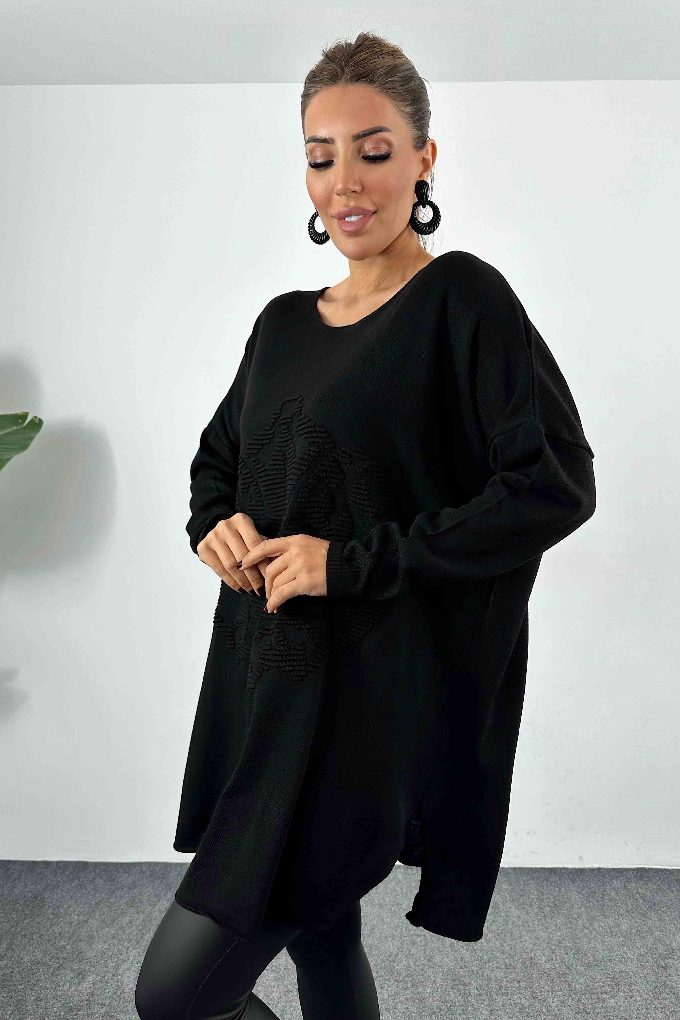 Kabartma Desenli Oversize Triko Bluz Siyah