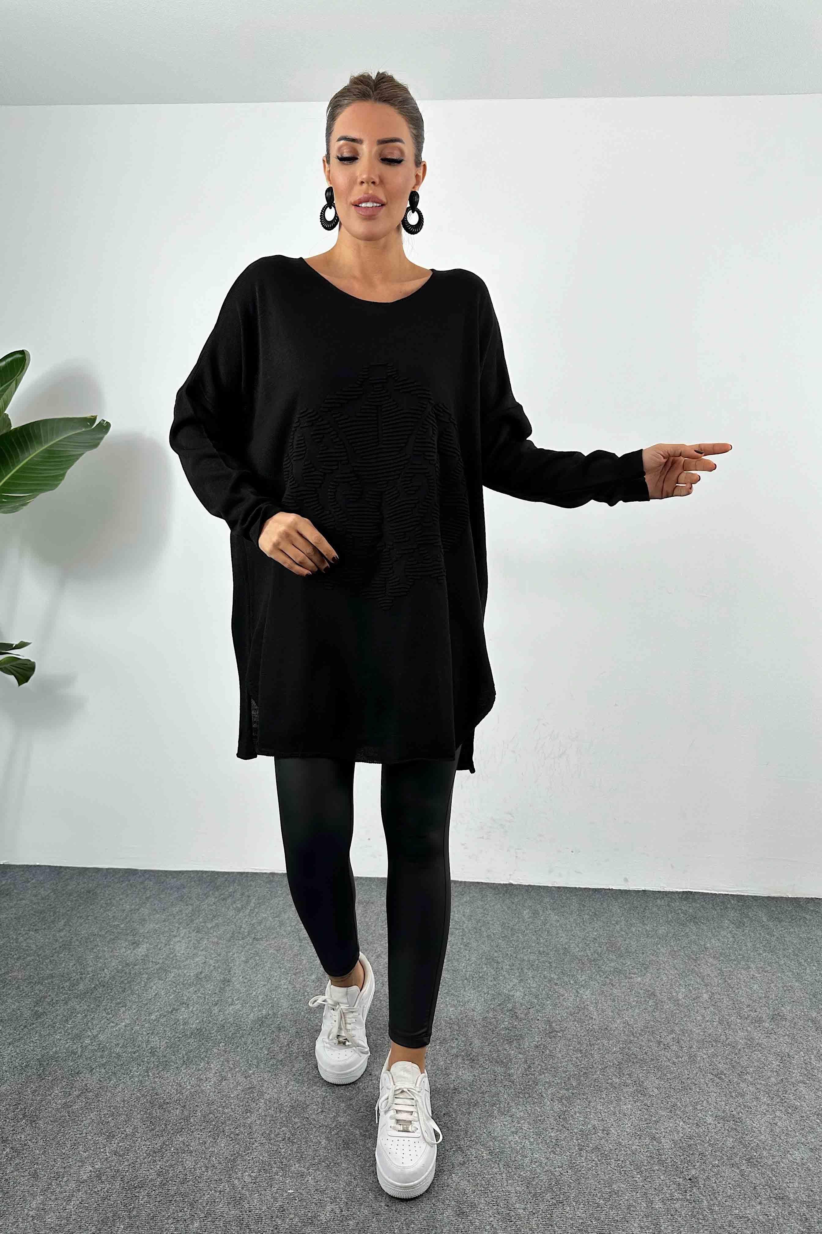 Kabartma Desenli Oversize Triko Bluz Siyah
