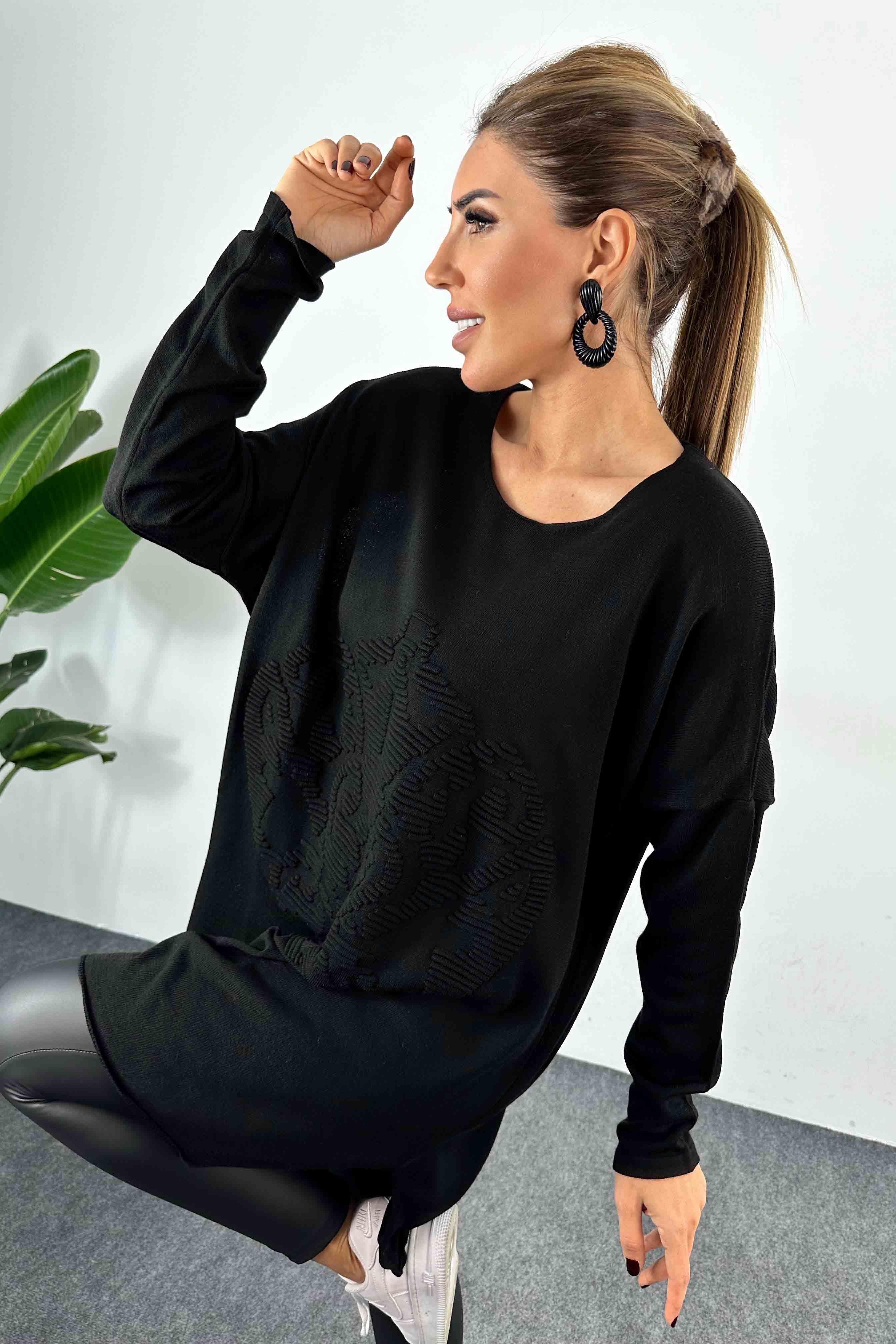 Kabartma Desenli Oversize Triko Bluz Siyah