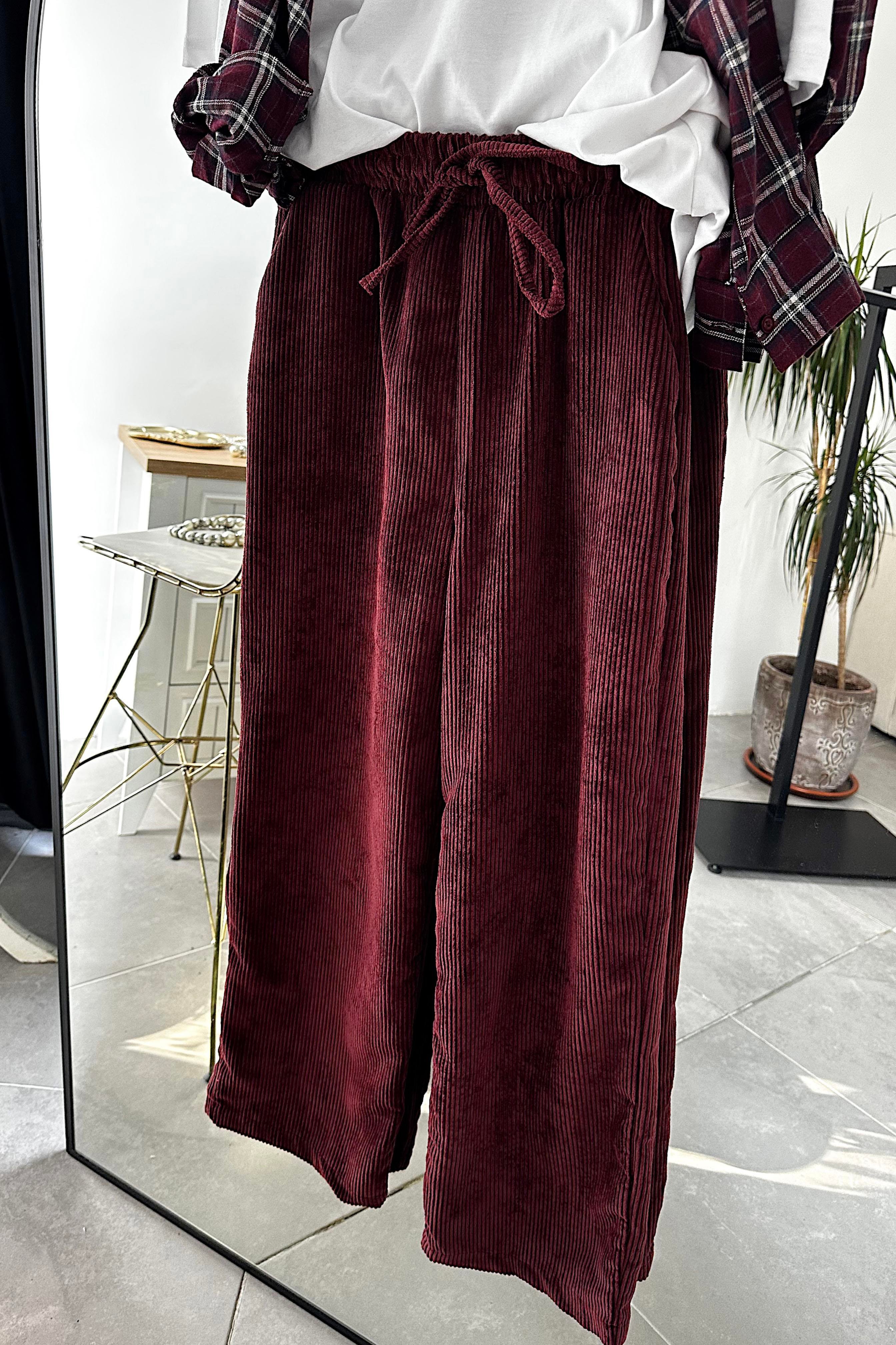 Kadife Beli Lastik Detaylı Palazzo Pantolon Bordo