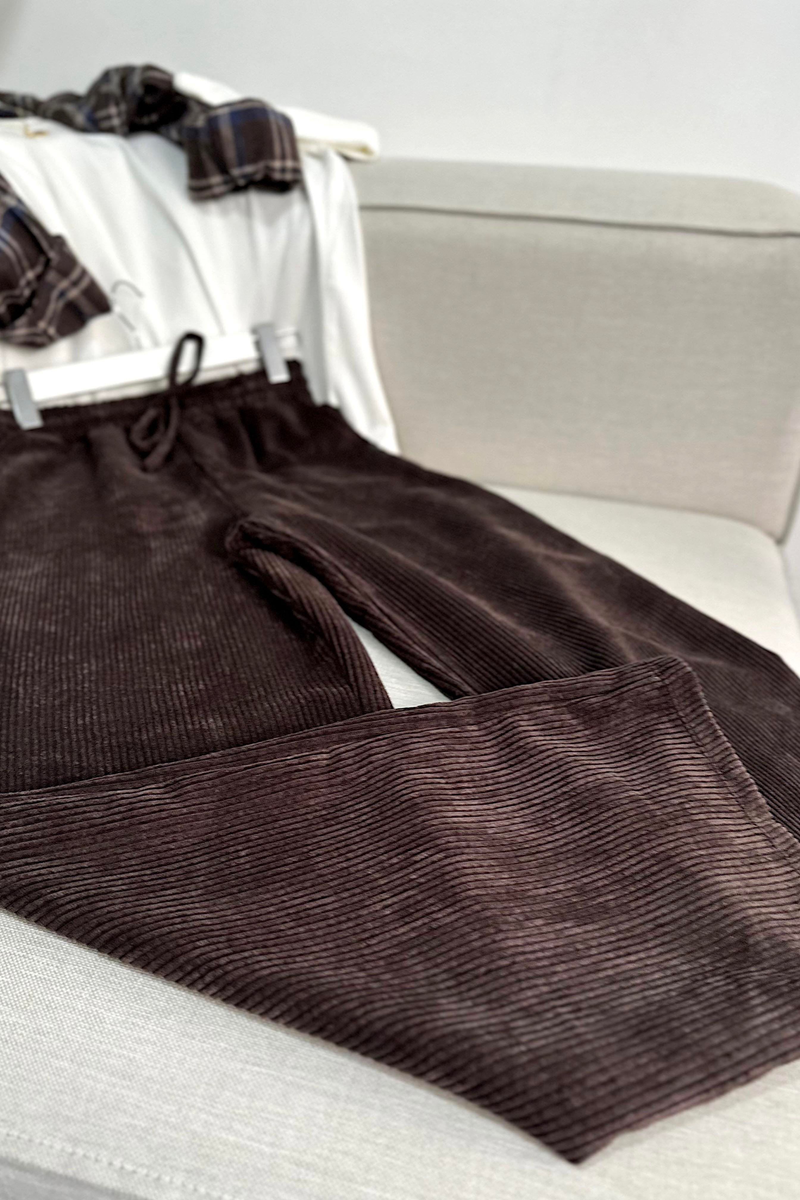 Kadife Beli Lastik Detaylı Palazzo Pantolon Acı Kahve
