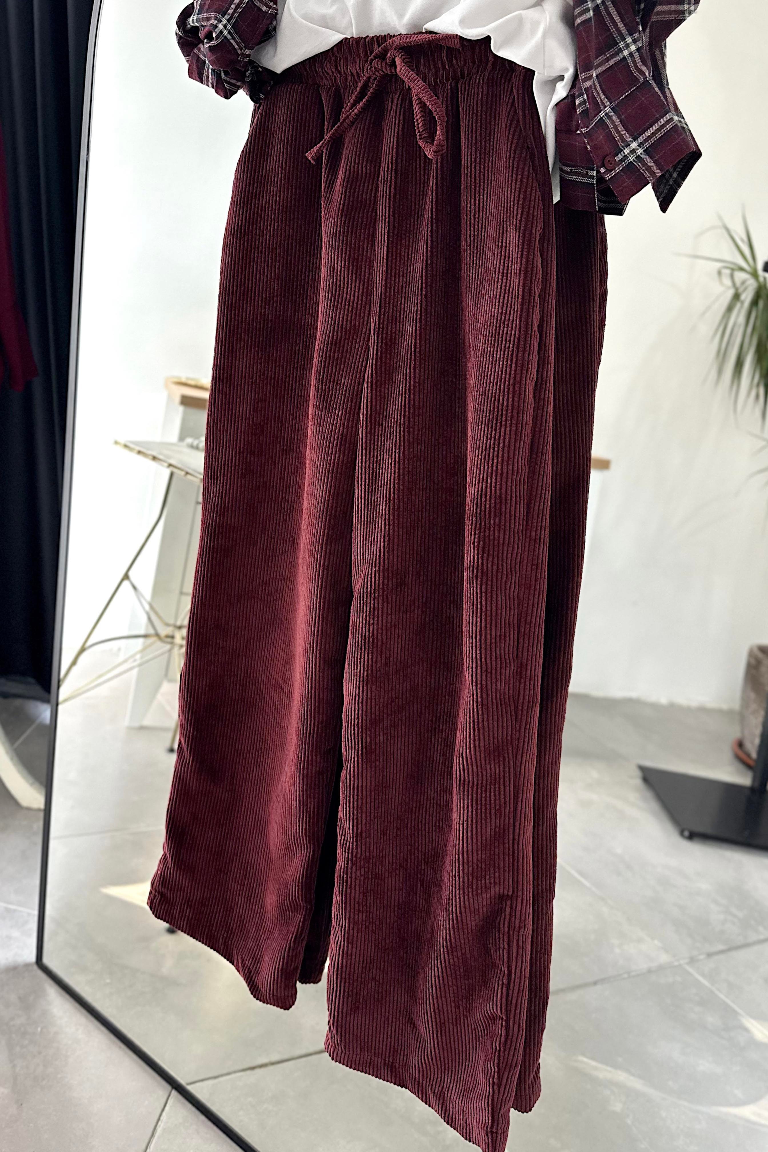 Kadife Beli Lastik Detaylı Palazzo Pantolon Bordo