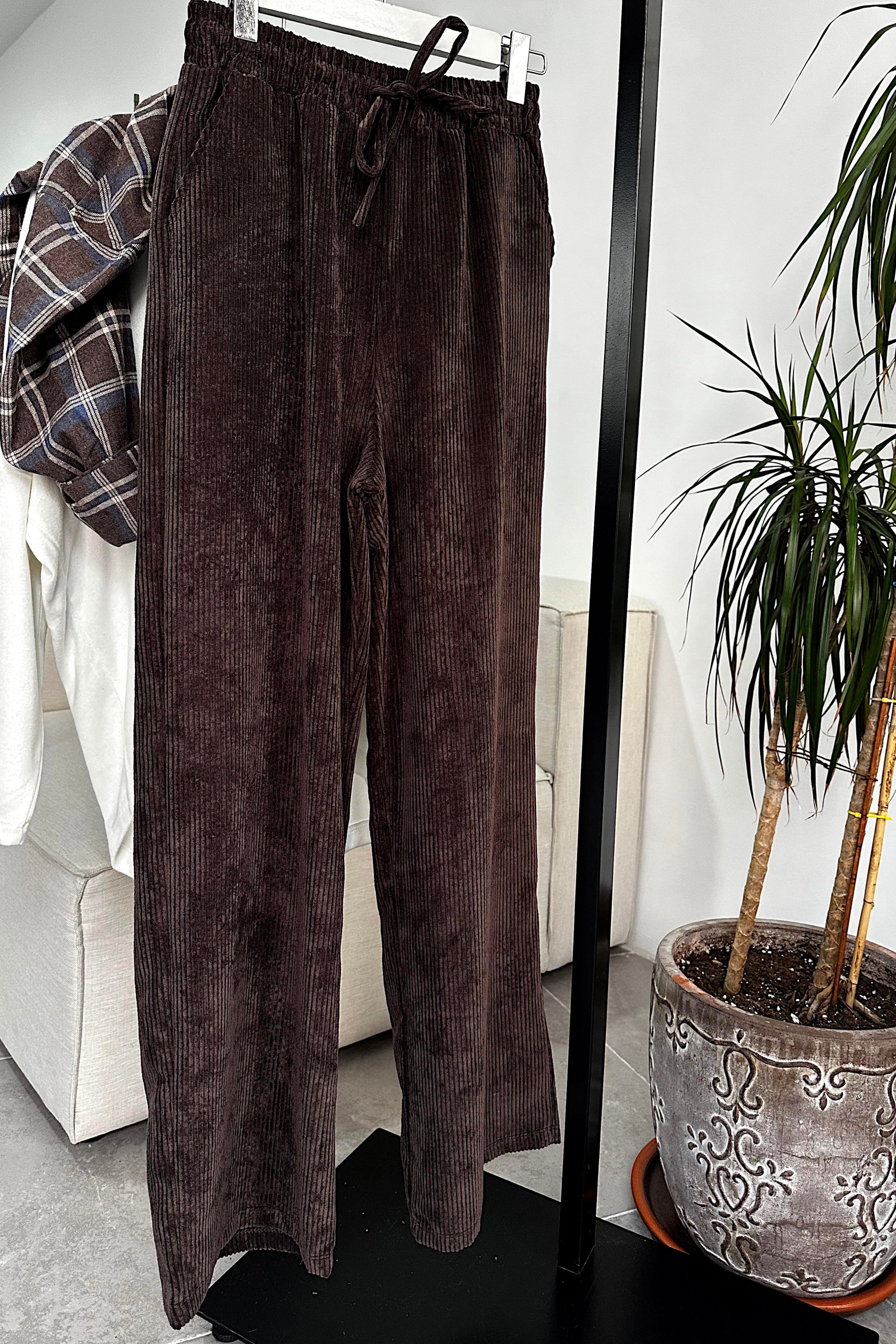Kadife Beli Lastik Detaylı Palazzo Pantolon Acı Kahve
